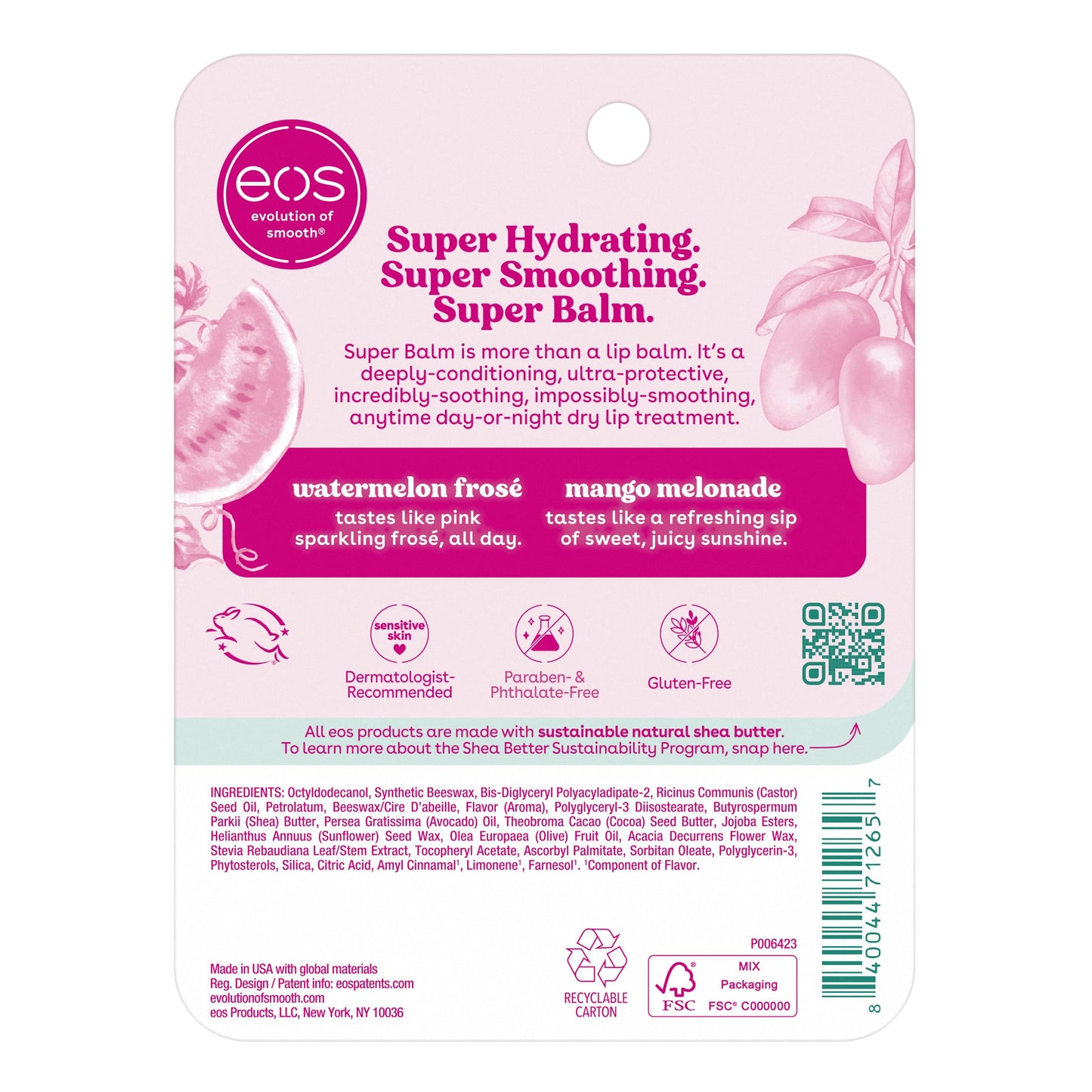 eos- Bálsamo hidratante 24 horas: sandía helada y mango melón, mascarilla para labios, tratamiento para labios de día o de noche, Ma