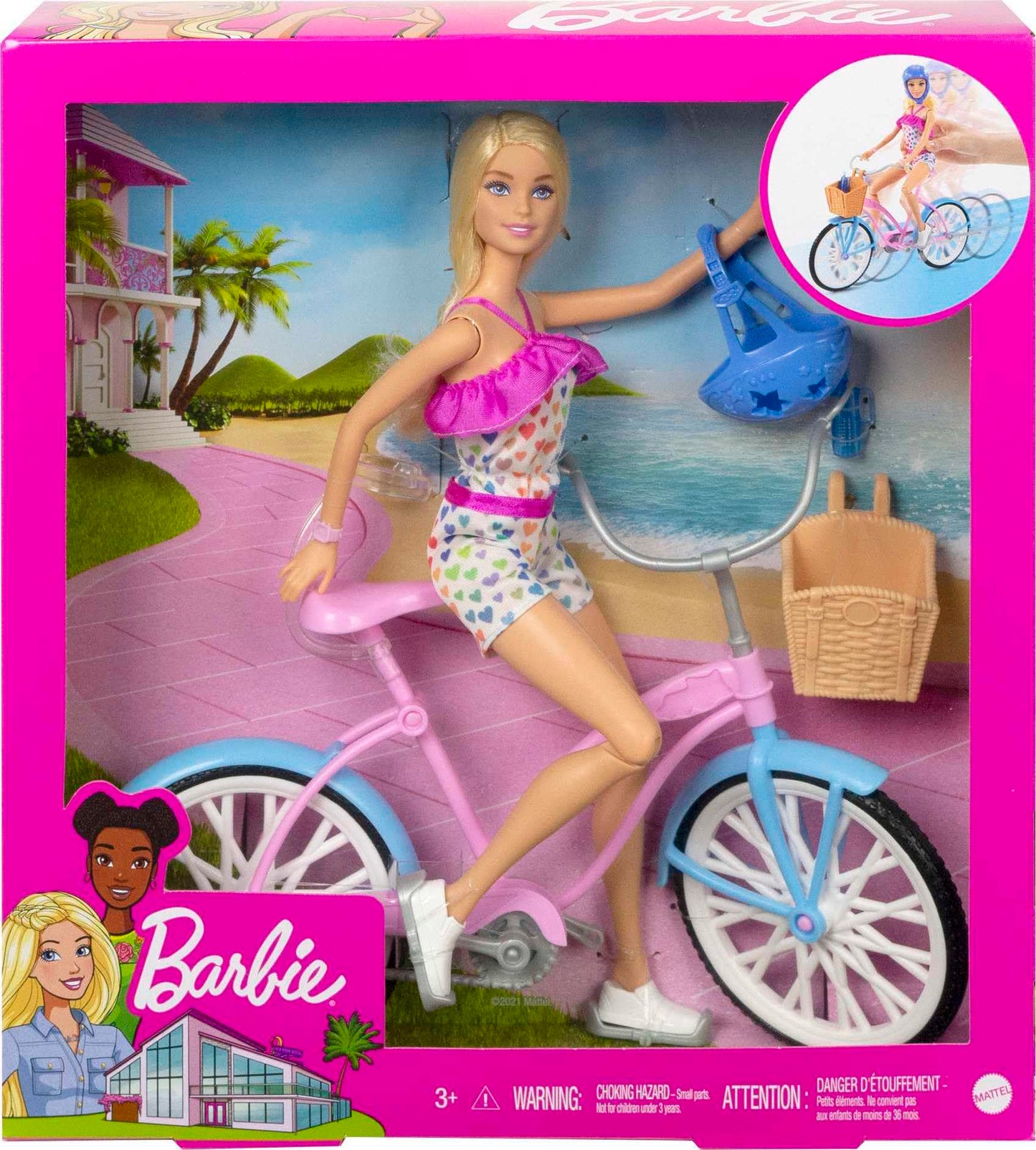 Barbie, Set de Juego, Bicicleta con Muñeca, para Niñas de 3 Años en Adelante, Mattel, Diseño Rosa y Azul, Canasta de Dulces, Caderas, Brazos y Rodillas se doblan