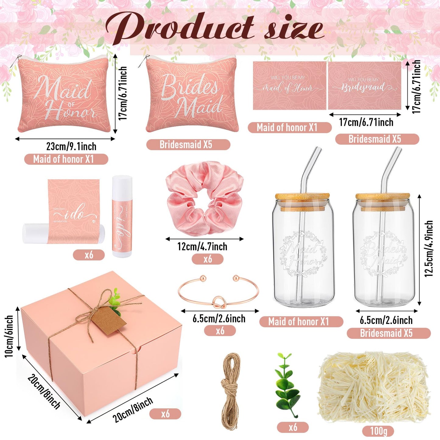 FillTouch - 42 piezas de regalo para dama de honor, regalos de despedida de soltera, incluye caja de regalo, vasos de vidrio, bolsas de maquillaje para cosméticos, tarjetas invitadas, bálsamo labial,