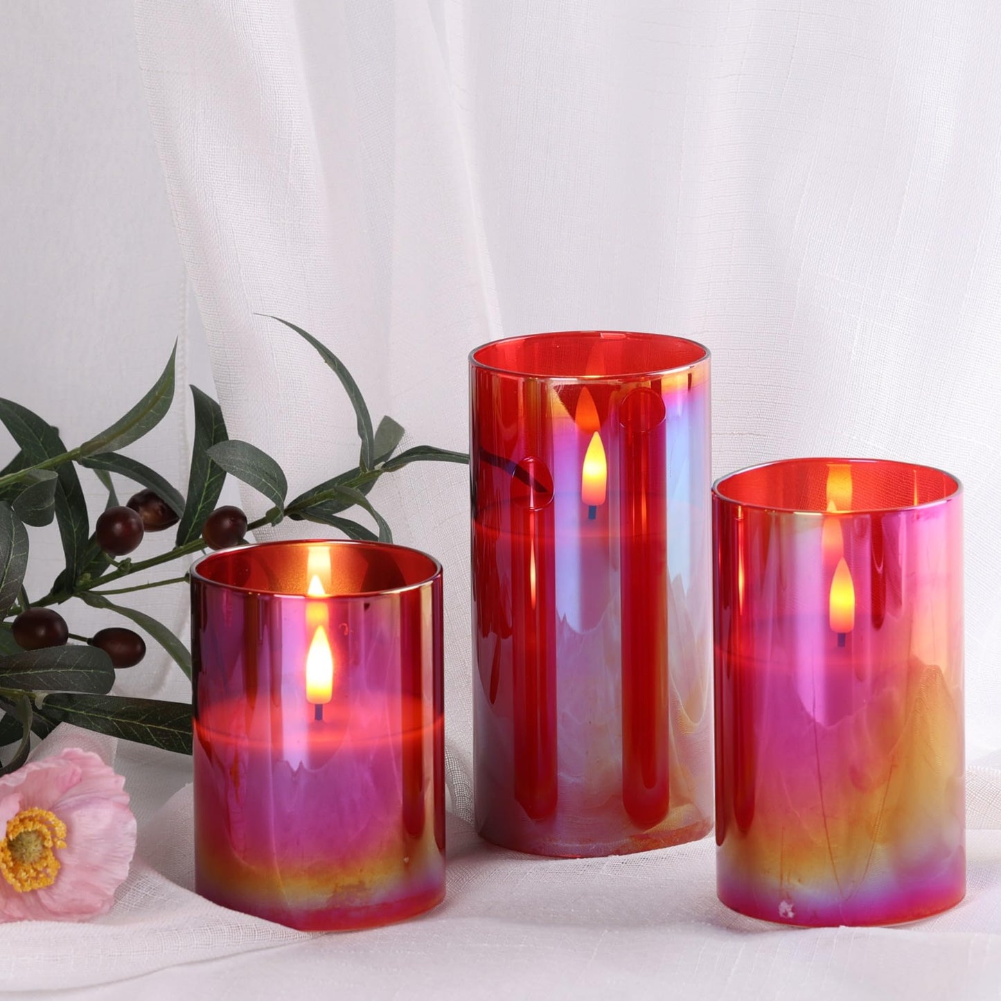 Eywamage - Juego de 3 velas led de vidrio rojo sin llama con control remoto, batería parpadeante