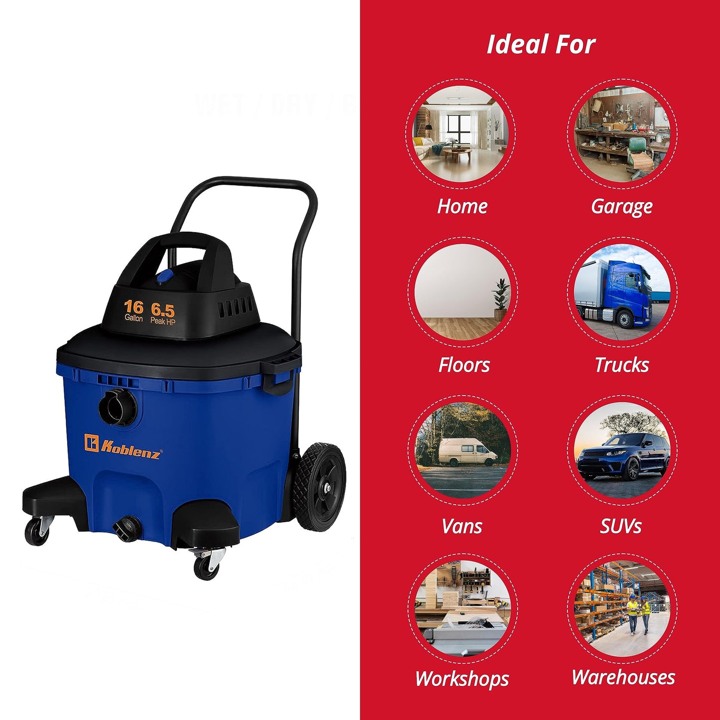 Koblenz WD-16L4H Aspiradora y soplador de 6.5 HP con Mango Trasero, Manguera de 2-1/2 Pulgadas x 8 pies, Tanque de 16 galones, Azul/Negro