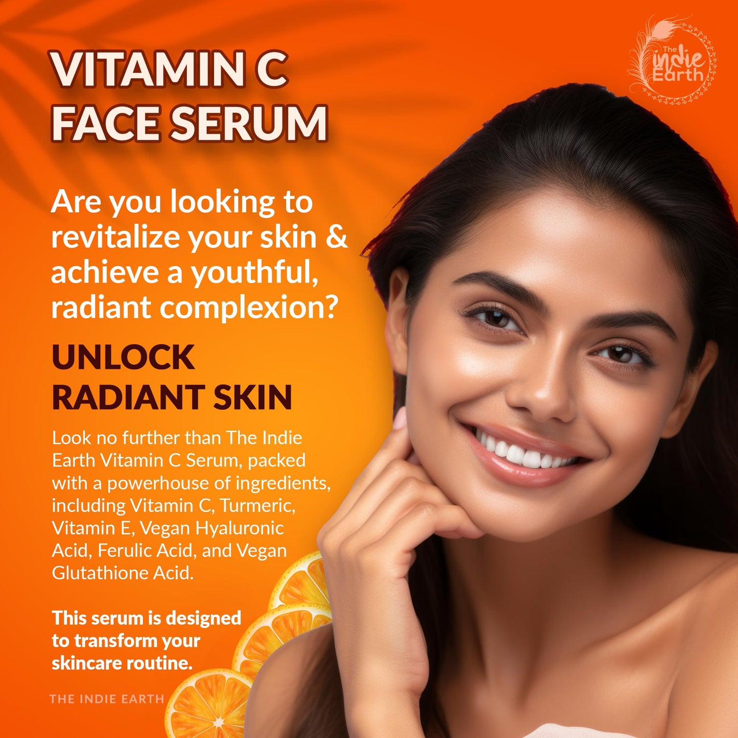 The Indie Earth Suero con vitamina C al 20%: fórmula avanzada antienvejecimiento e iluminadora con glutatión, ácido hialurónico, ácido ferúlico, cúrcuma, rosa mosqueta y espino amarillo para mejora