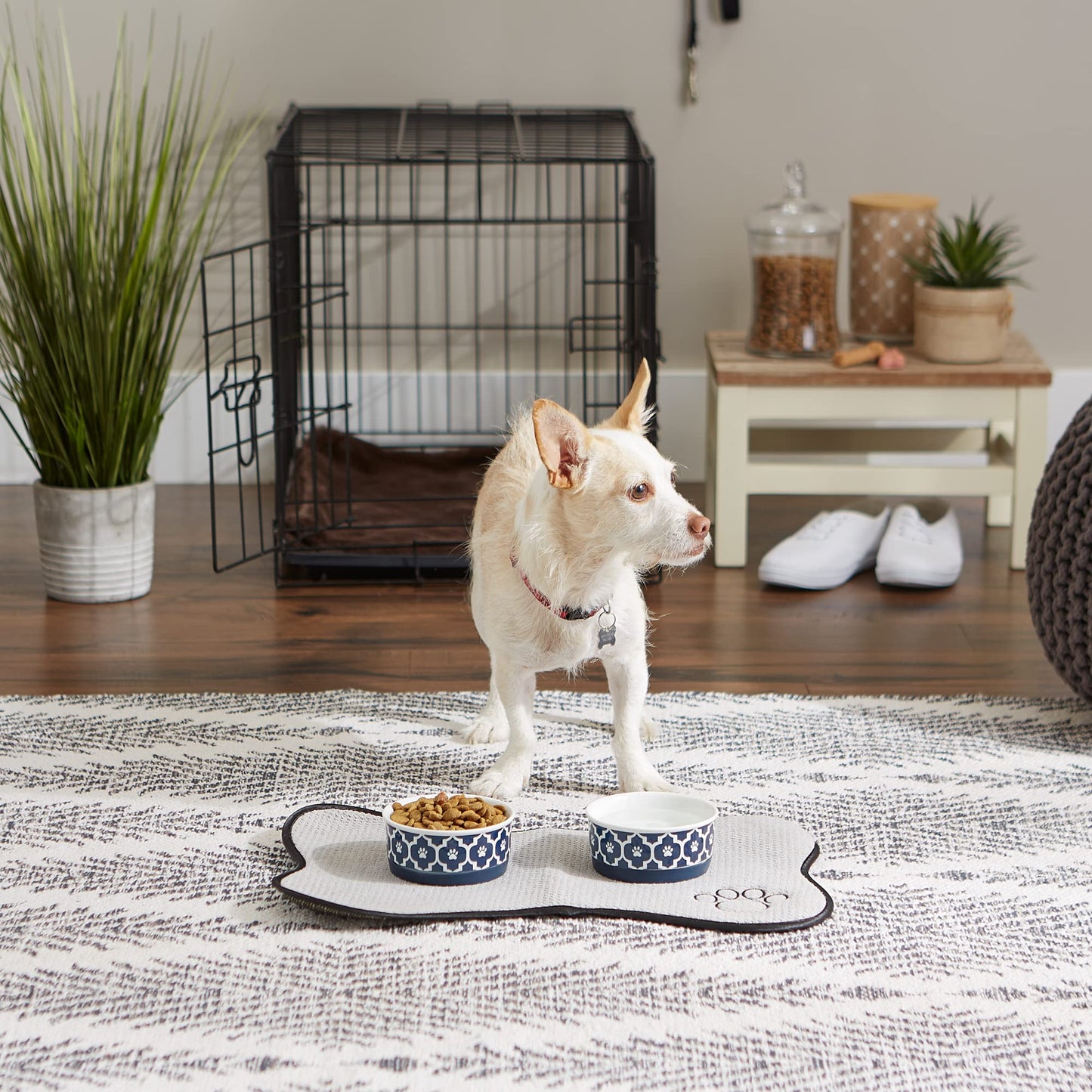 DII Bone Dry Lattice Ceramic Pet Bowl for Food & Water with Non-Skid Silicone Rim for Dogs and Cats (Small - 4.25" Dia x 2"H) Nautical Blue - Set of 2