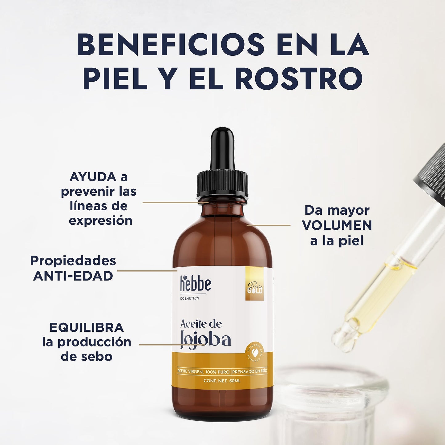 HEBBE - ACEITE DE JOJOBA | Fortalece Cabello Quebradizo | Hidrata Piel Mixta o Grasa | Propiedades Acondicionadoras | 50 ml | Regula Producción de Sebo | Orgánico y Sin Sulfatos | Perfecto para Masajes Corporales