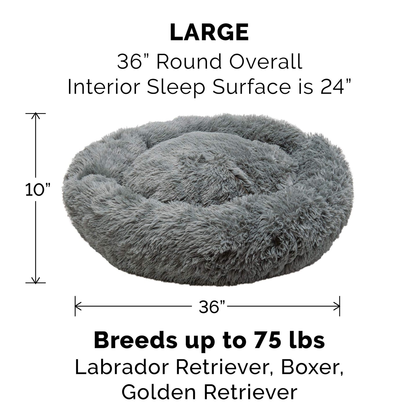 Furhaven 36" Round Large Donut Dog Bed Plush Long Faux Fur Calming Cuddler w/Removable Washable Cover - Gray, Large