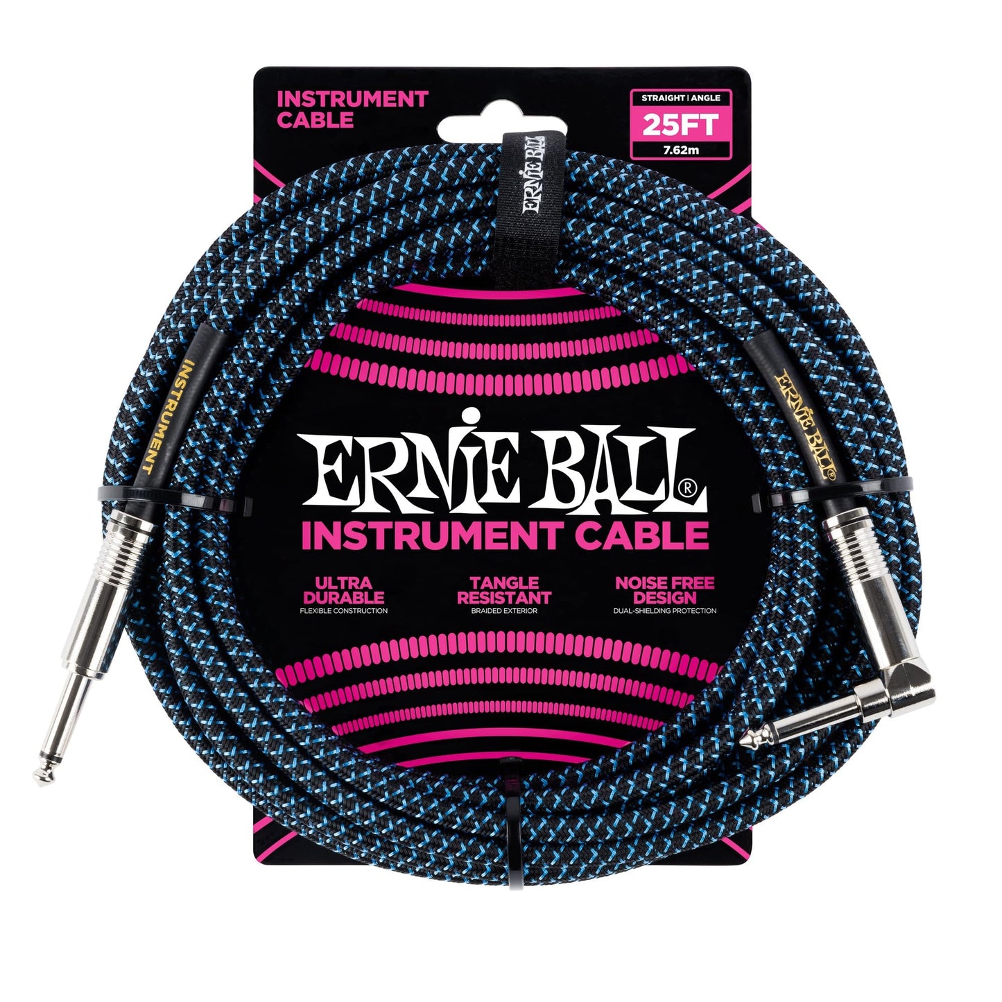 Cable para Instrumentos Ernie Ball Negro Azul Trenzado 7.6 m Recto Acodado