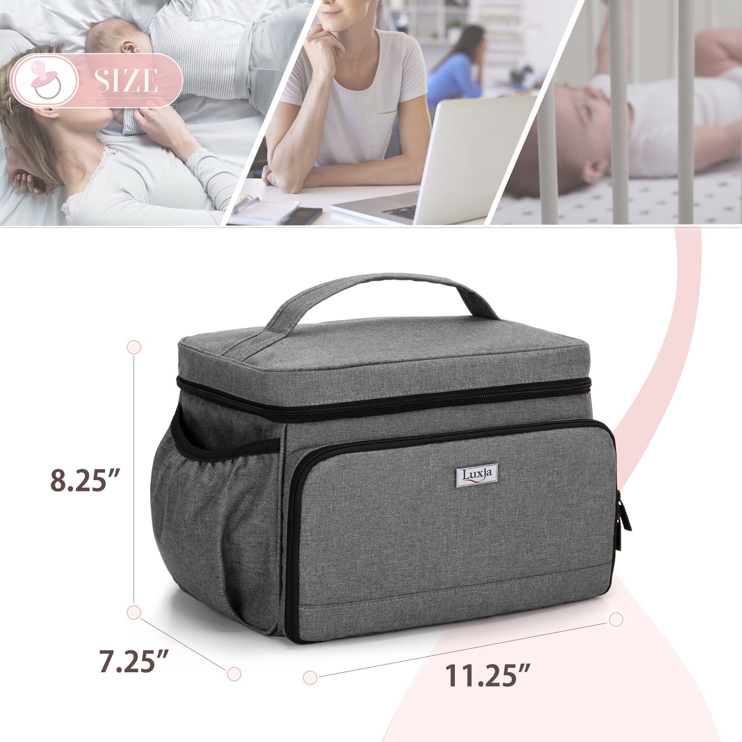 Luxja - Bolsa para extractor de leche compatible con Spectra S1 y S2, bolsa de bombeo para extractor de leche y piezas adicionales (adecuada para uso doméstico o de viaje), gris (pendiente de patente)
