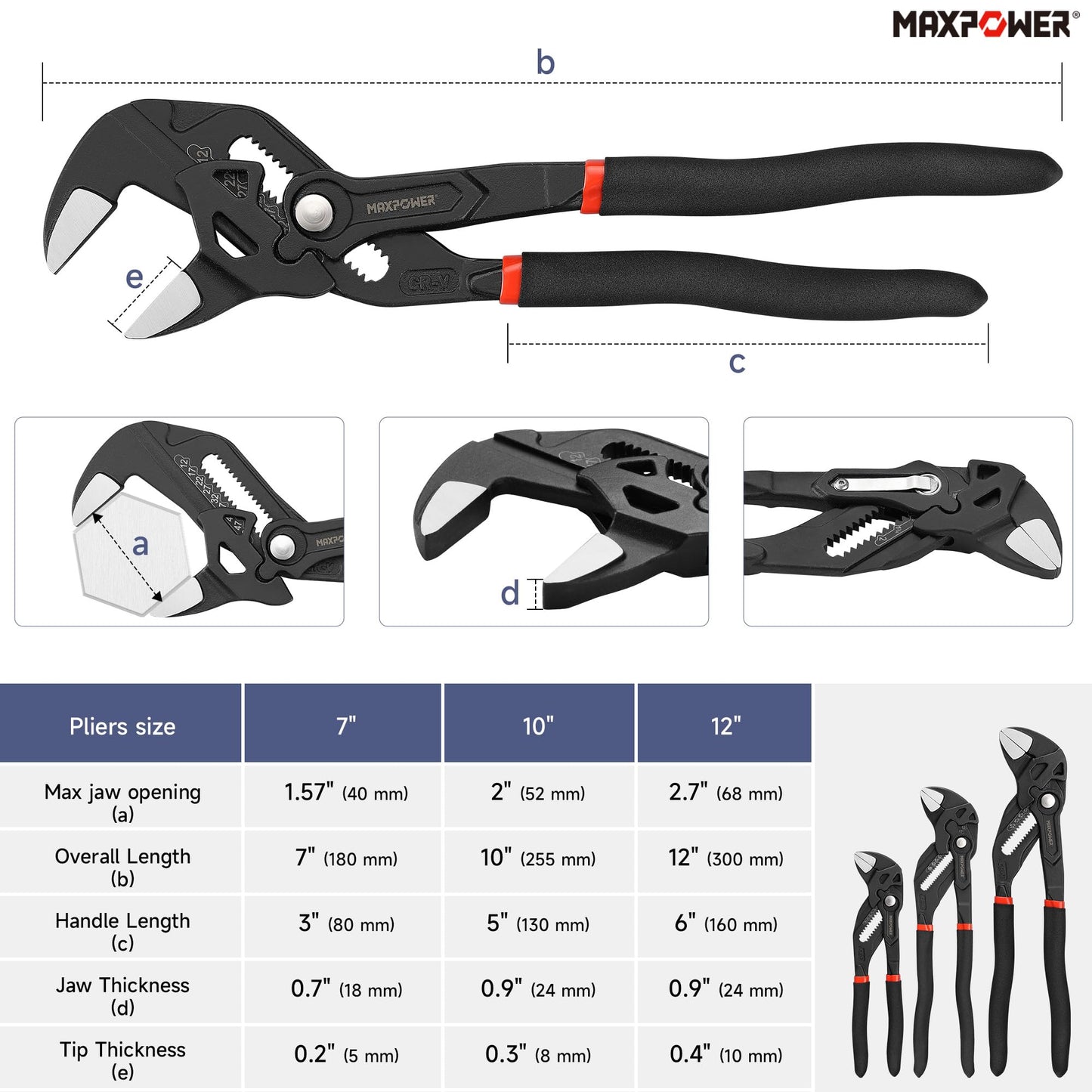 MAXPOWER - Llave de 3 alicates de 7 pulgadas, 10 pulgadas, 12 pulgadas