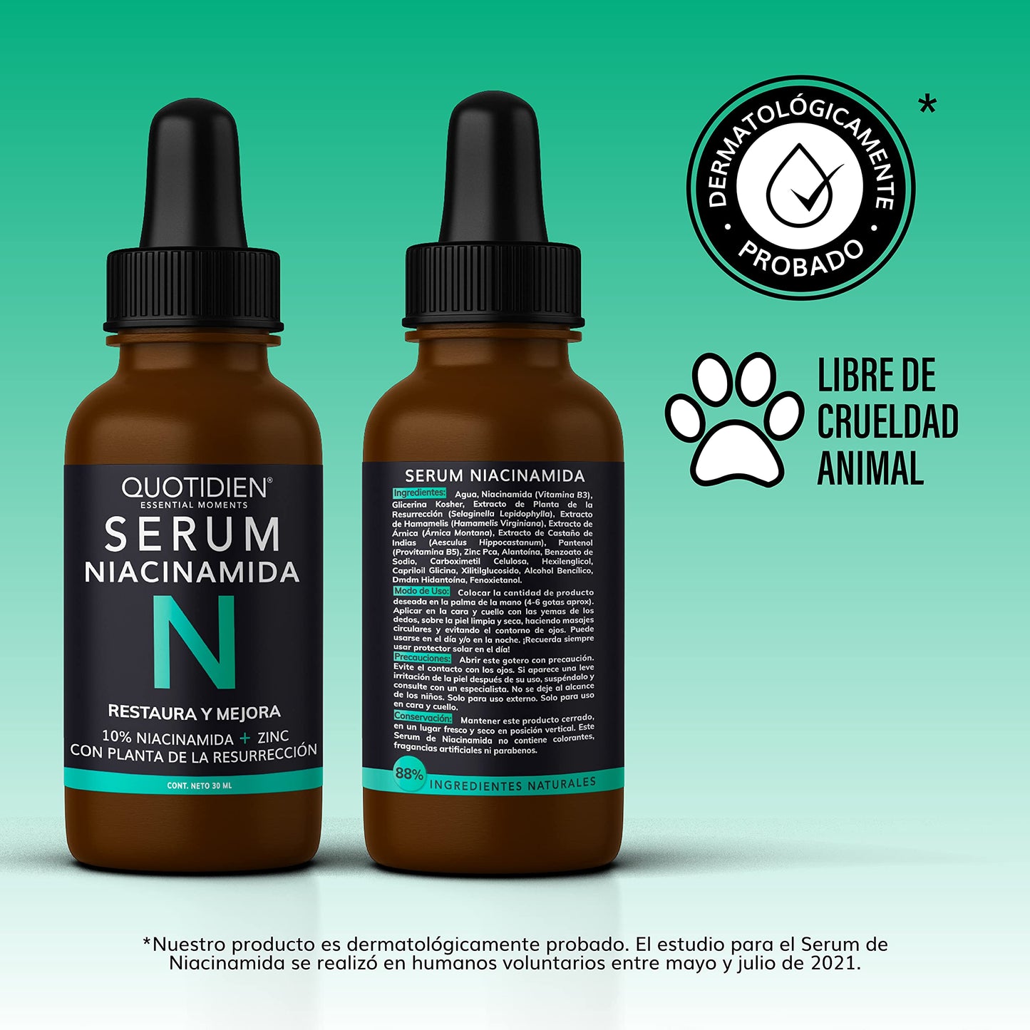 Quotidien | Serum Niacinamida 10% + Zinc + Planta de la Resurrección | Regula la Producción de Grasa | Disminuye Poros e Imperfecciones | Ideal Todo Tipo de Piel | 88% Ingredientes Naturales - 30ml