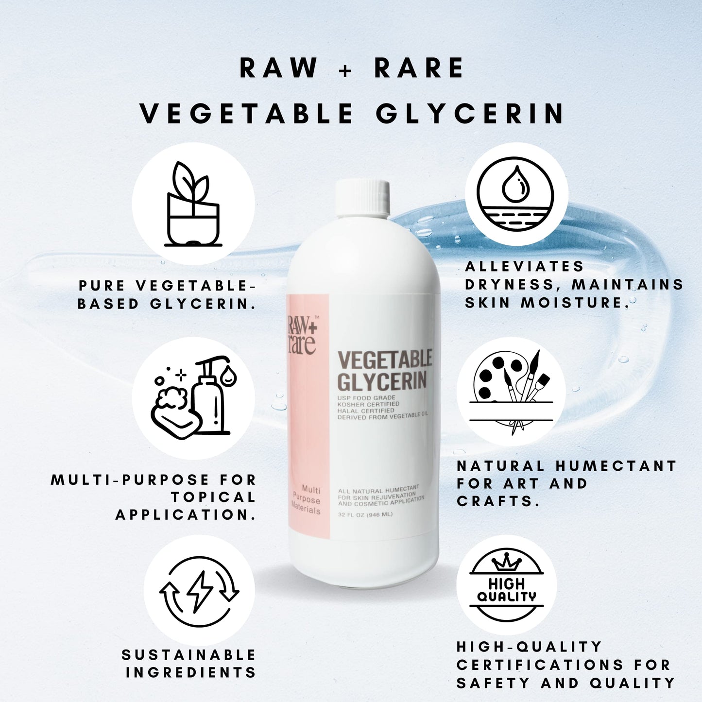 Glycerin Vegetable Quart, Food Grade Pharmaceutical USP Grade 99.7% Pure, Soap Base Oil, Natural Solution and Humectant for Cosmetics, Art Crafts, Kosher, Halal by Raw Plus Rare (32 fl oz)