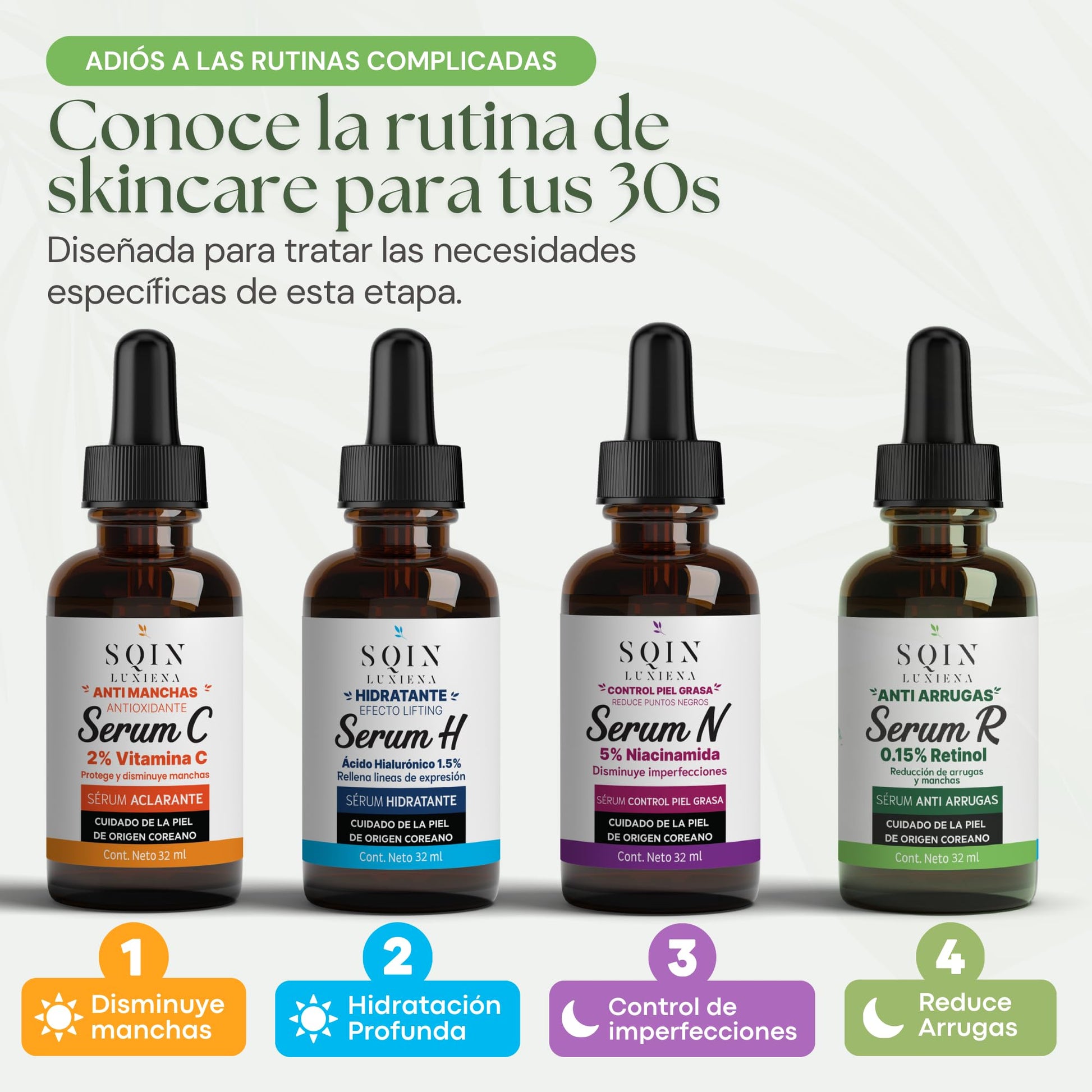 Sqin Luxiena Korean Serum Retinol 0.15%, Niacinamida y Vitamina E Facial. Suero Nocturno Antiarrugas + Anti Manchas. Serum de noche para signos de envejecimiento avanzados. 100% Skincare Coreano Vegano 32 ml.