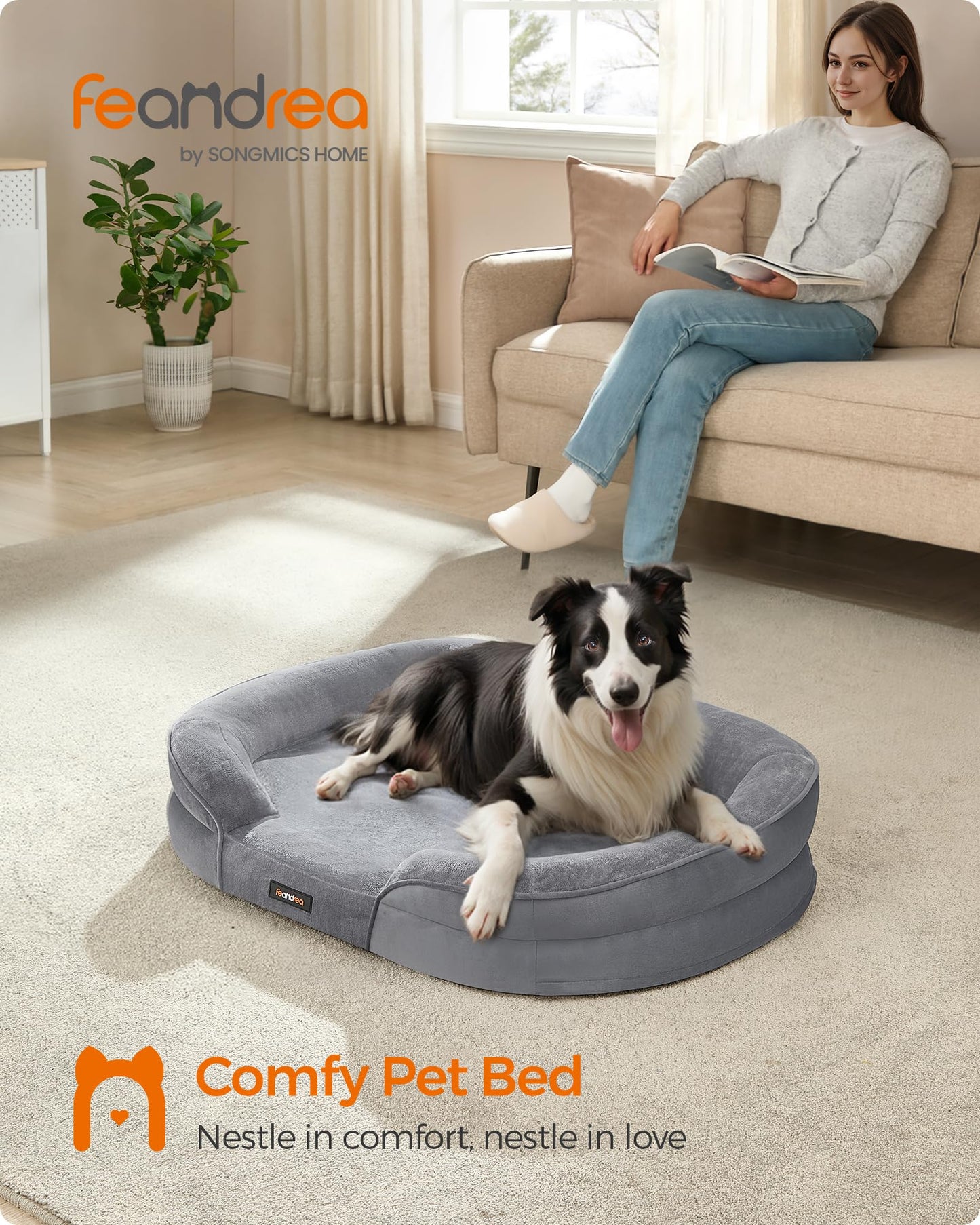 Cama para Perros Grandes Feandrea Gris Claro con Funda Lavable y Bordes Elevados