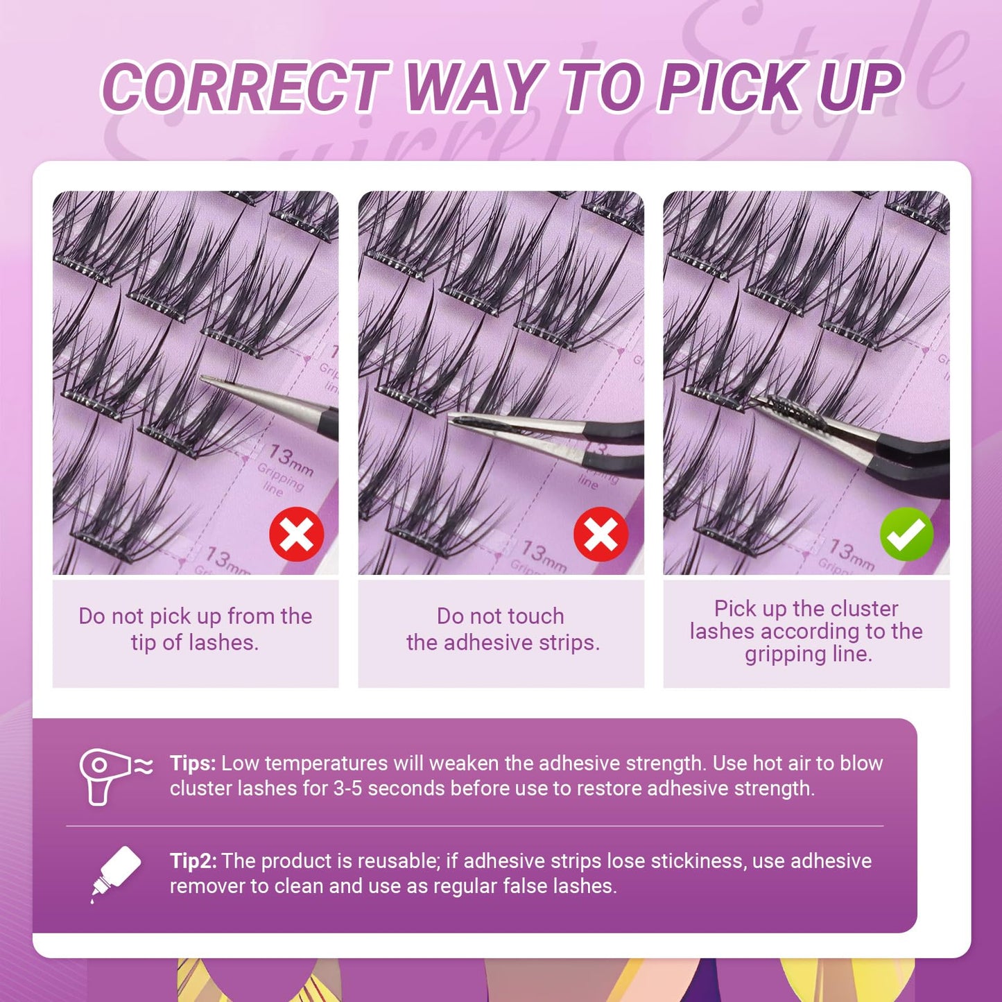 NAGARAKU Grupos De Pestañas Autoadhesivos Para 48 Pcs No Necesita Pegamento Ni Removedor Presión En Un Solo Paso Pestañas Reutilizables Prepegadas En Casa Estilo Ardilla (SA-19, 0.07 C Curl 12-14mm)