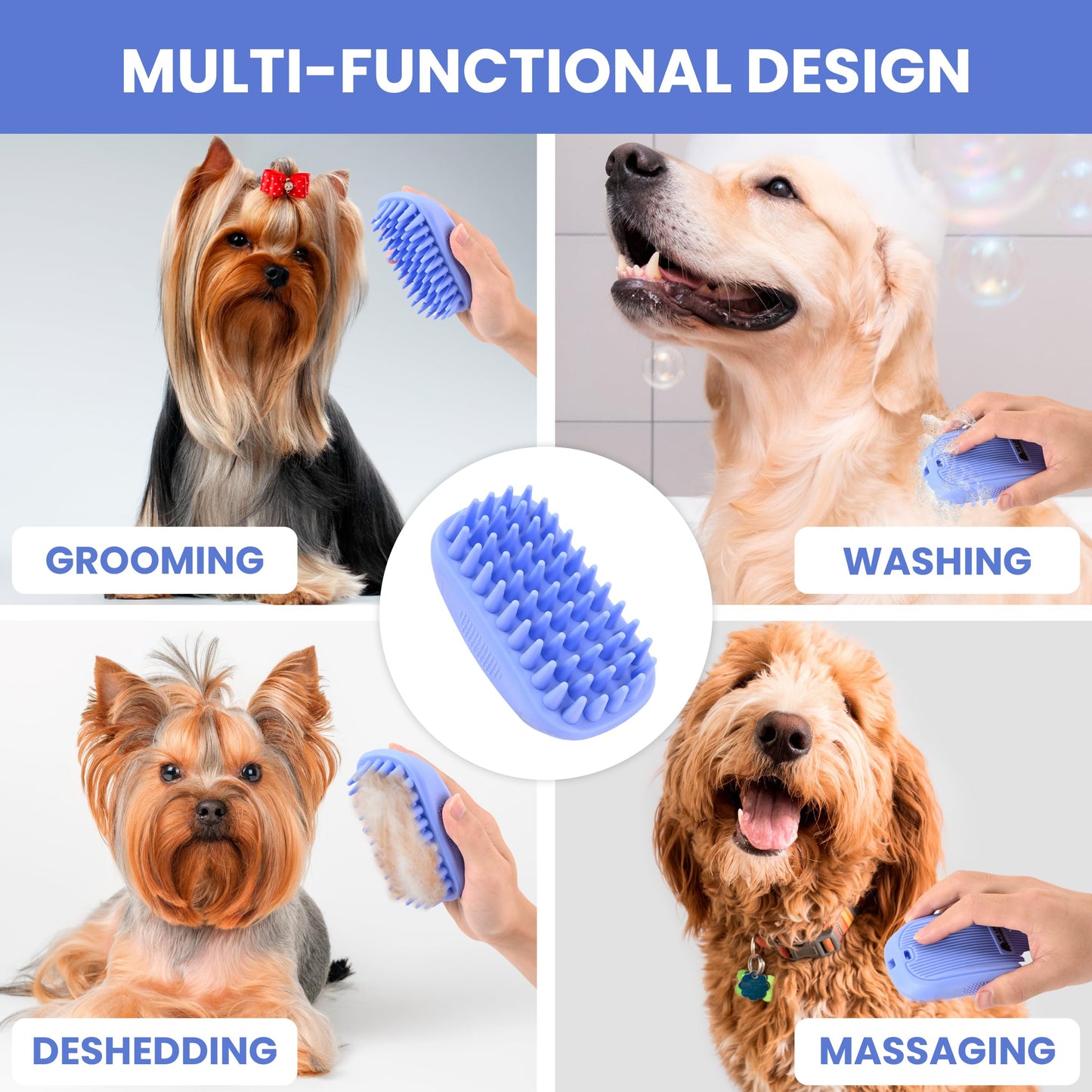 Cepillo De Baño We Love Doodles Azul Para Aseo Y Masaje De Mascotas Con Alfileres Largos