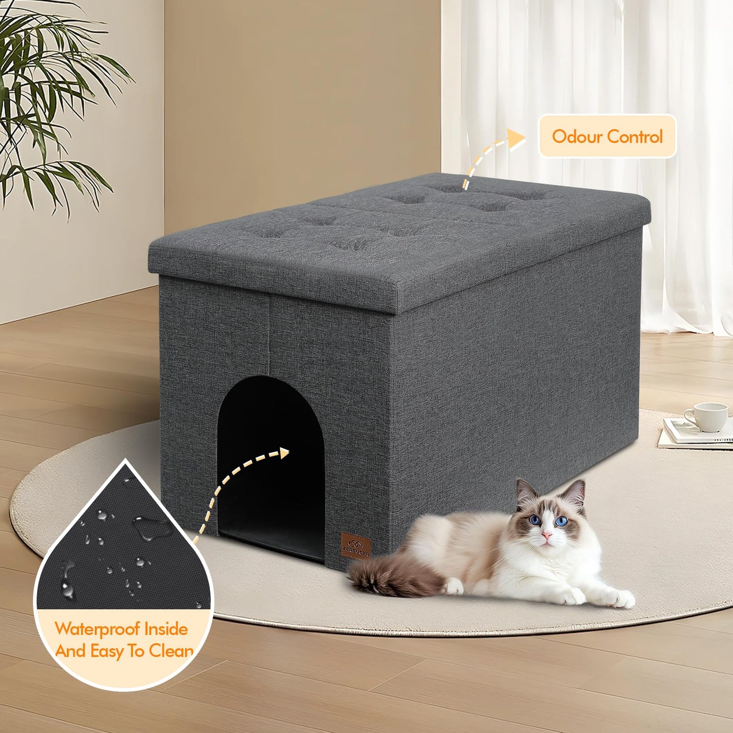 Caja de arena para gatos, caja de arena oculta, tapa abatible extragrande, clóset de almacenamiento para bancos de baño para gatos, a prueba de perros, fácil montaje, gris (mediano (30 x 20 x 20