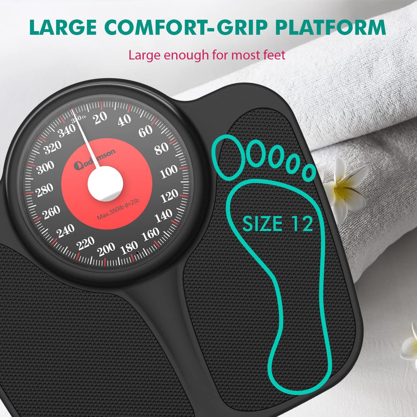 Adamson - Báscula A23 para peso corporal, hasta 350 libras, nueva versión, superficie de goma antideslizante, números extra grandes, báscula de baño de alta precisión, analógica, duradera con garantía