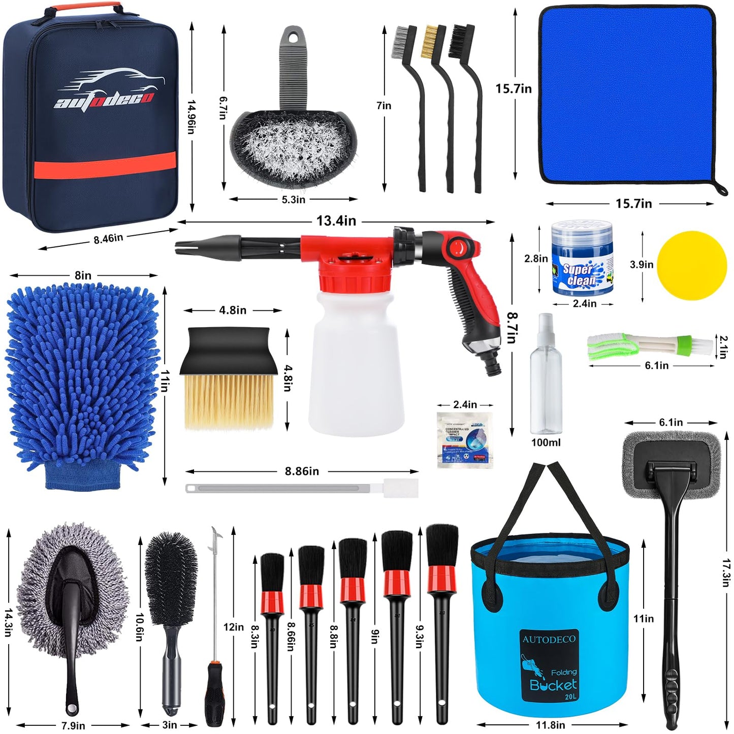 AUTODECO - Juego de limpieza para el lavado de coches con pulverizador de espuma, trapeador con mango largo, cubeta plegable, manopla grande, toallas, 44 piezas, azul