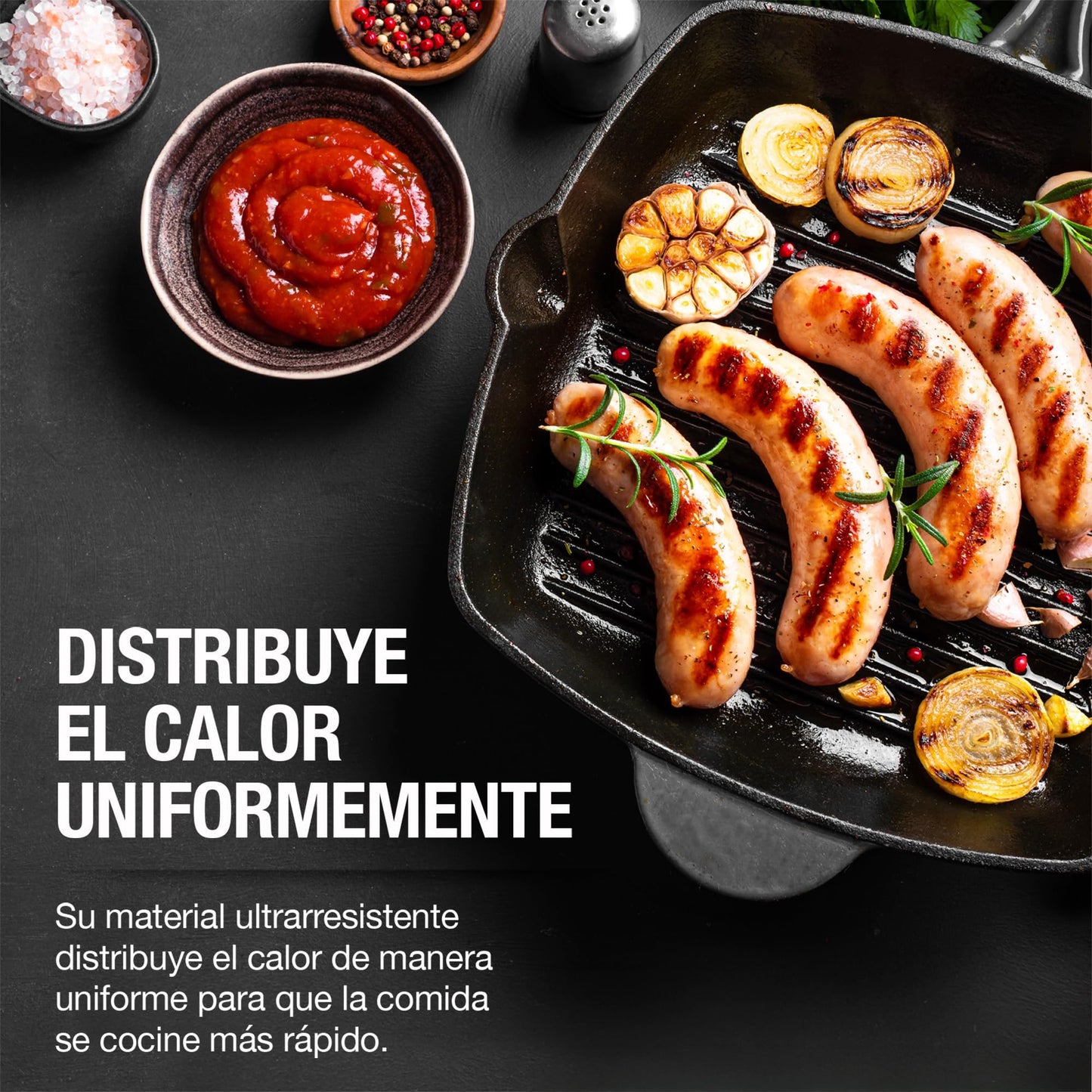 CASA LITUS Sartén de Hierro Fundido Precurado tipo Parrilla Extra Grande (2 Litros), Plancha para Asar con Superficie Acanalada, Mango y Vertederos Laterales, para Estufa de Gas, Horno o Fuego Directo