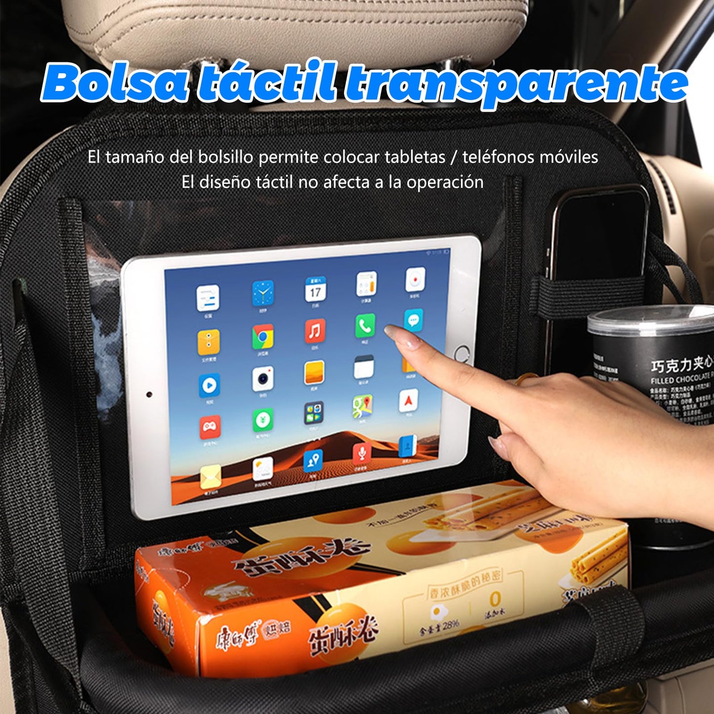 Organizador para Asiento Trasero de Auto con Bandeja, Bolsa de Almacenamiento y Protector de Asiento para Coche, Accesorio Esencial para Niños y Viajes Familiares en Carretera (Negro 1 pieza)