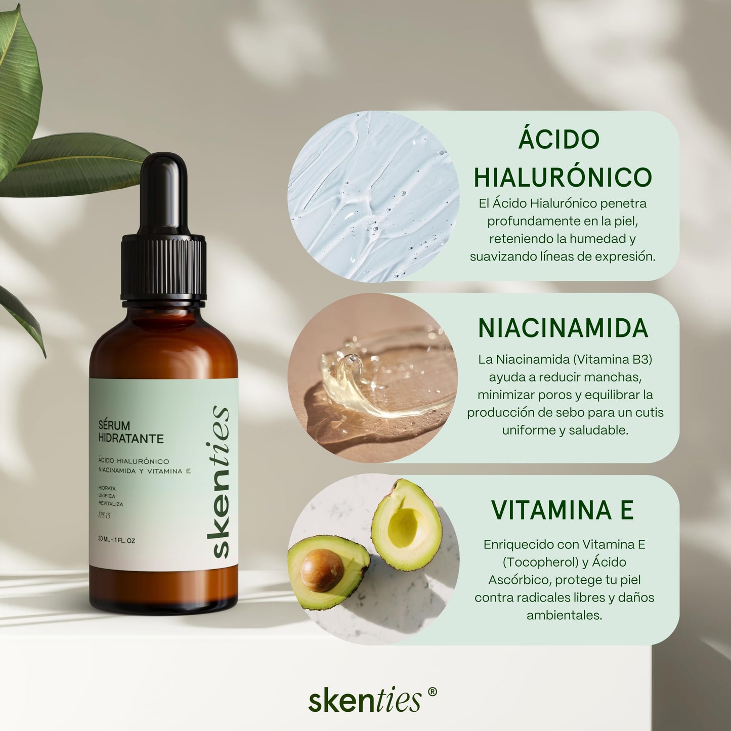 Skenties Sérum Hidratante con Ácido Hialurónico, Niacinamida y Vitamina E - Controla Grasa, Reduce Poros e Imperfecciones - FPS 15 - Hidratación Profunda - 30 ml