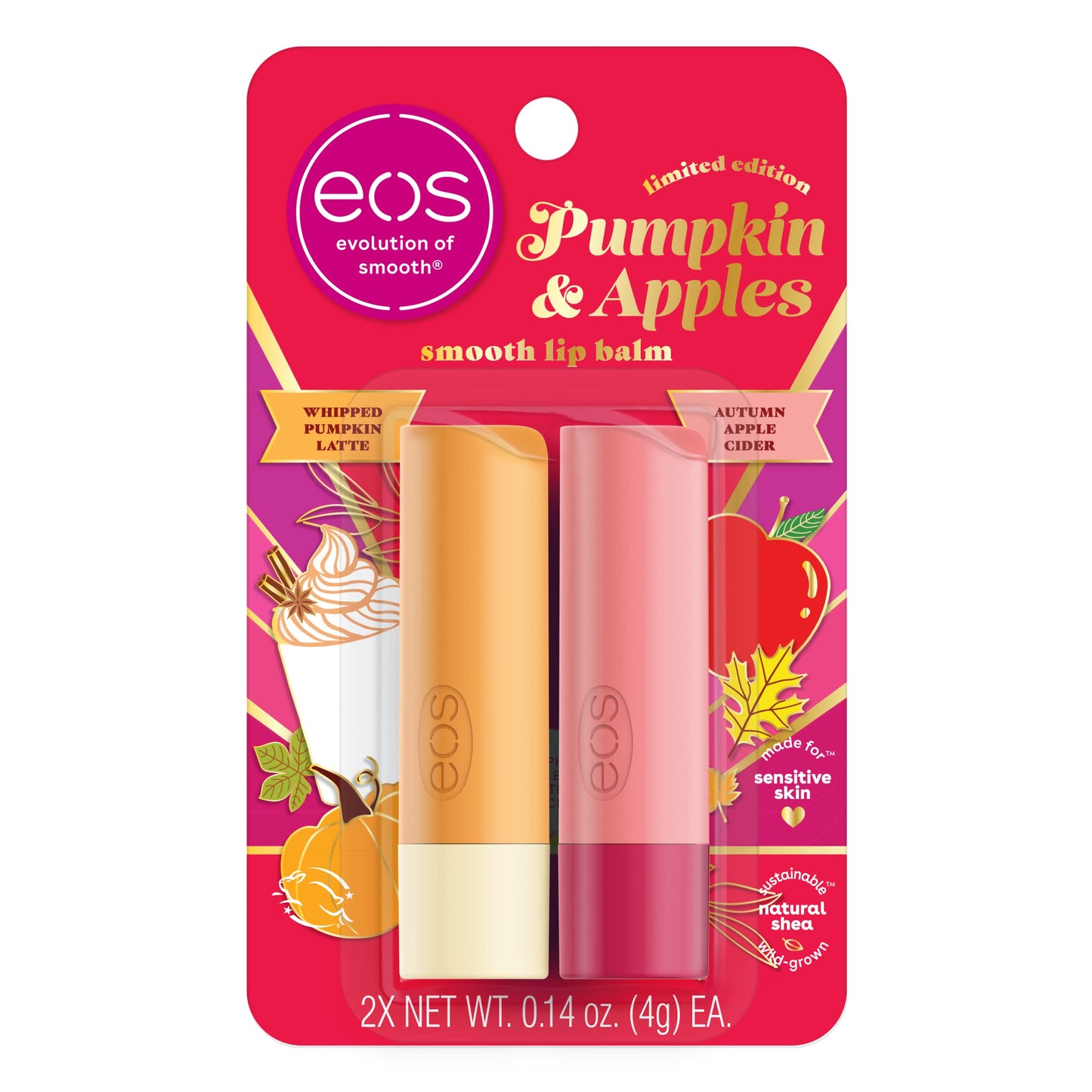 eos Bálsamo labial suave de edición limitada, con leche de calabaza batida y sidra de manzana de otoño, hecho para piel sensible, humedad durante todo el día, paquete de 2