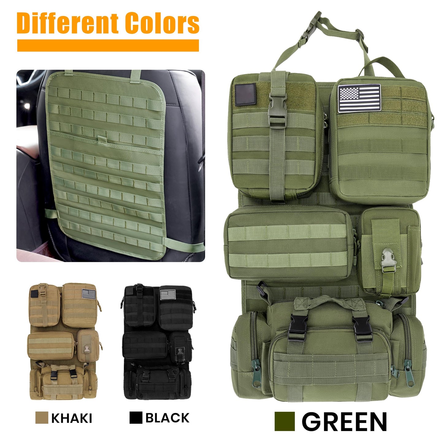 Paquete de 6 organizadores tácticos MOLLE para respaldo de asiento de automóvil - Bolsa de almacenamiento universal para vehículos con 5 bolsas MOLLE desmontables, parche de bandera de EE.UU. y