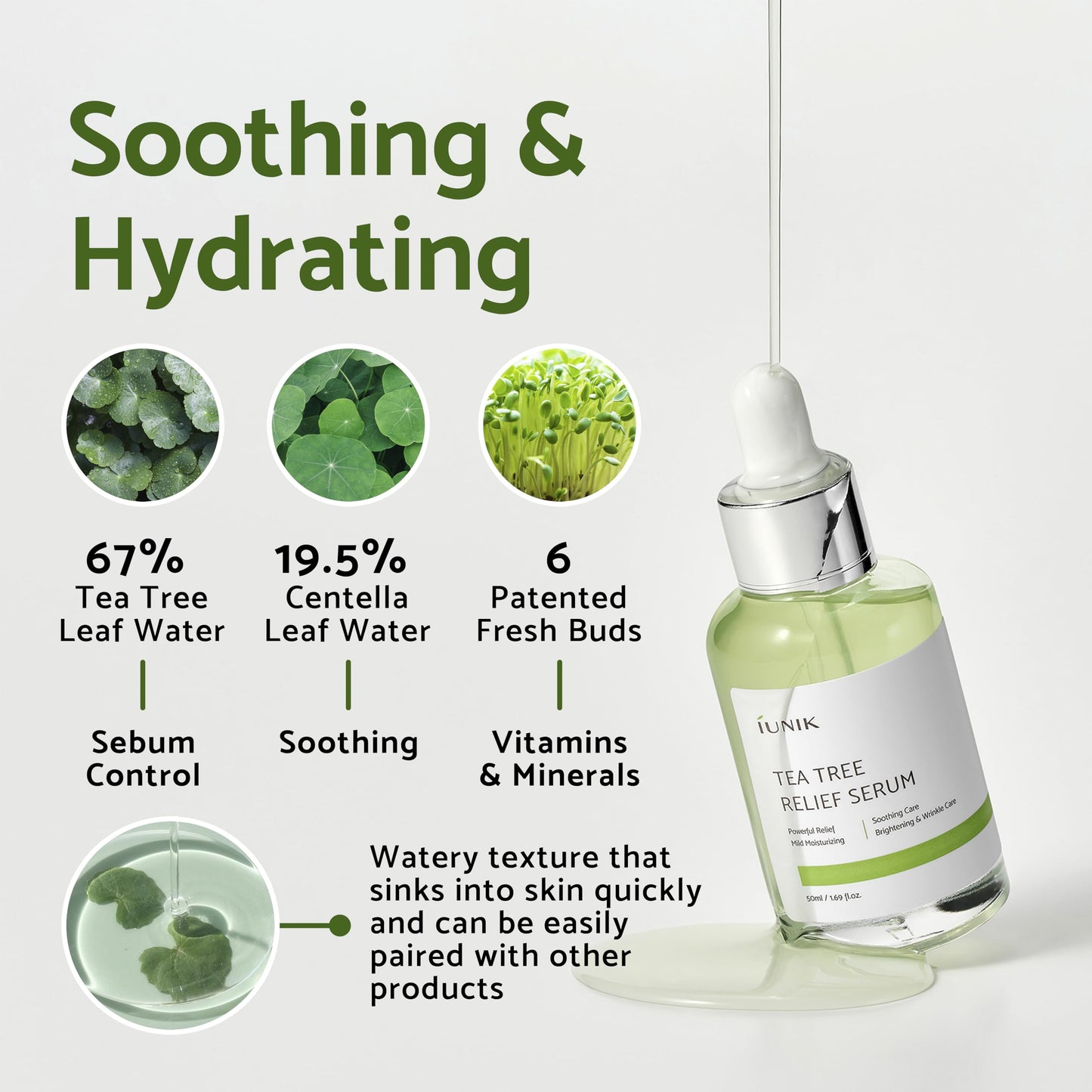 IUNIK Suero facial natural para alivio del árbol de té, 1.69 onzas líquidas, piel transparente, suero vegano, propenso al acné, piel sensible a la rosácea, imperfecciones, ingredientes a base de plantas, árbol de té, 67% centella asiática, certificado veg