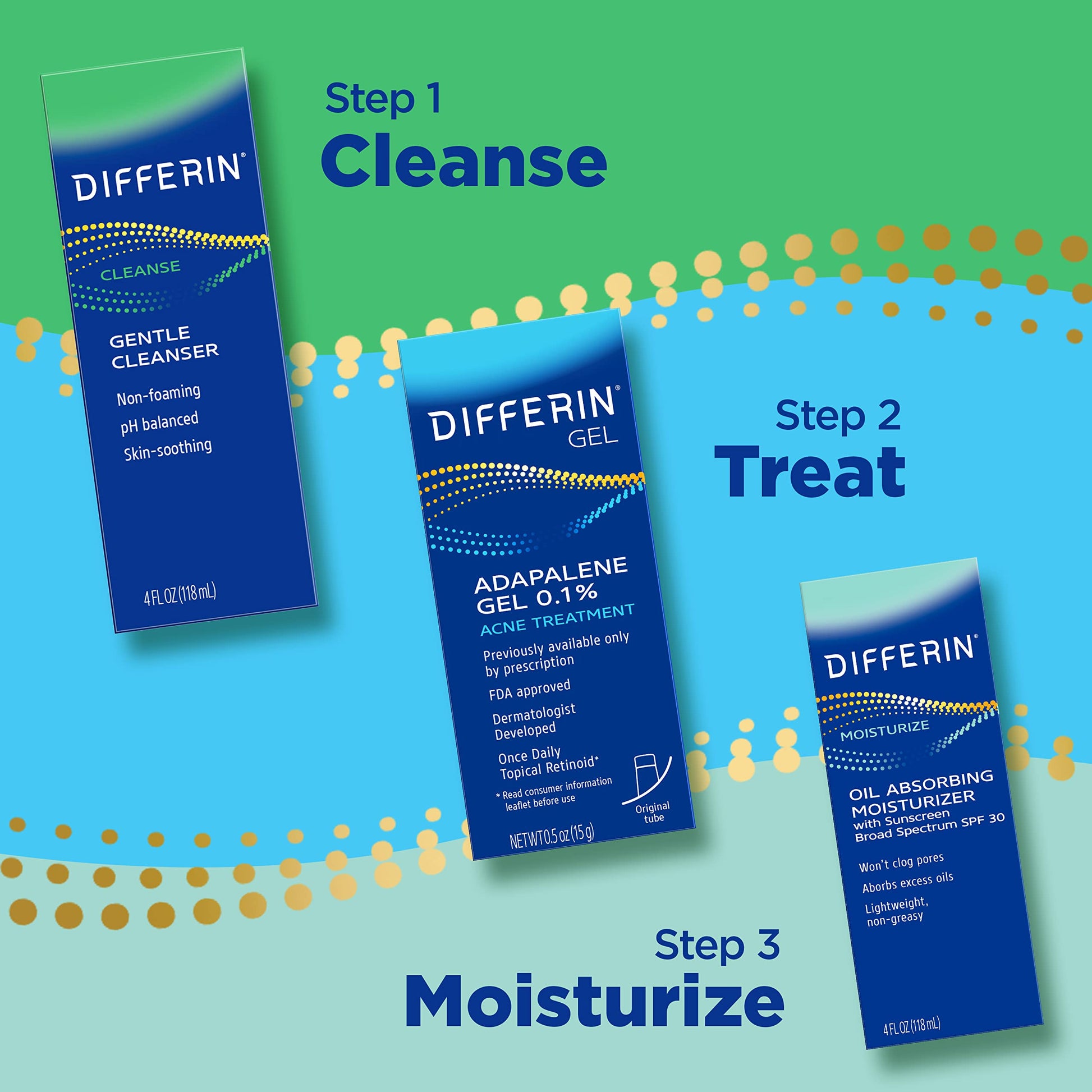 Differin Skin Care Set, Differin Gel 3 Step Regimen, Acne Treatment, Sunscreen SPF 30 for Face, Facial Cleanser, for Acne Prone Sensitive Skin