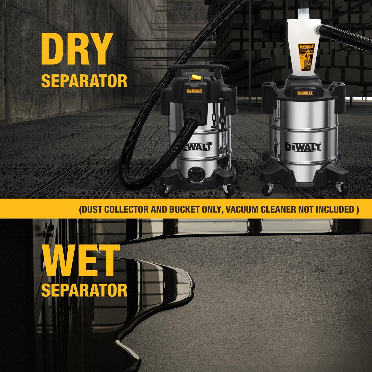 DEWALT Separador de Polvo con Tanque de Acero Inoxidable de 10 galones, colector de Polvo ciclón de 99.5% de eficiencia, Filtro colector de Polvo de Ciclo de Alto Rendimiento, colector de ciclón de