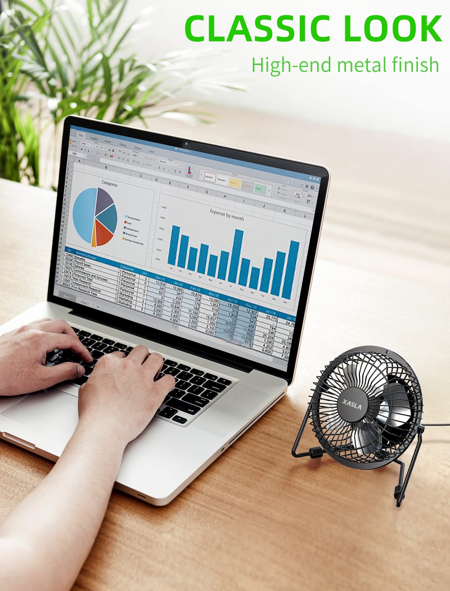 Ventilador de Escritorio USB de 4 Pulgadas xasla Negro con Estructura Metálica, Alta Potencia y Ángulo Ajustable 360°