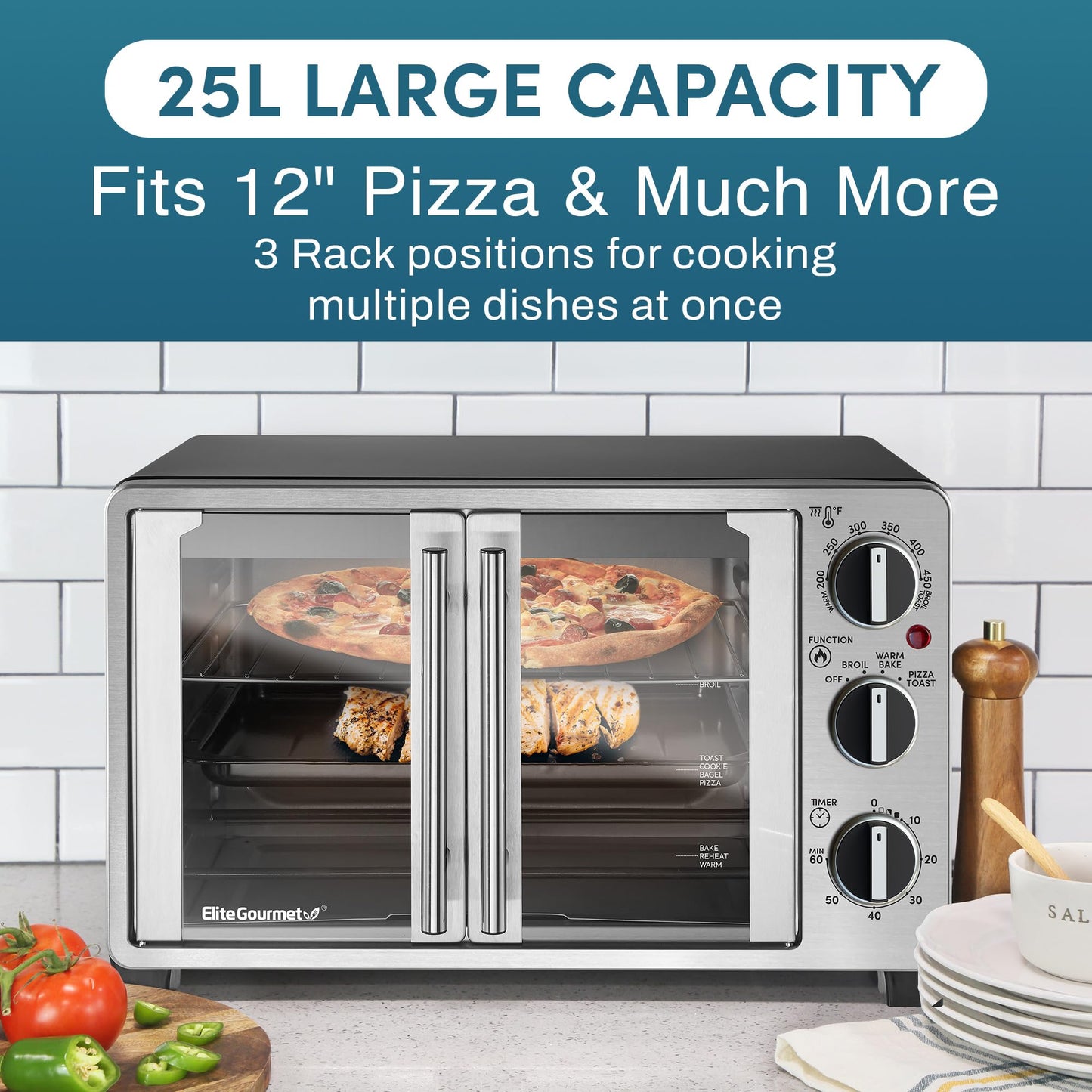 Elite Gourmet ETO2530M - Horno tostador de doble puerta francesa, hornear, asar, tostar, mantener el calor, se adapta a pizza de 12 pulgadas, capacidad de 25 l, acero inoxidable y negro