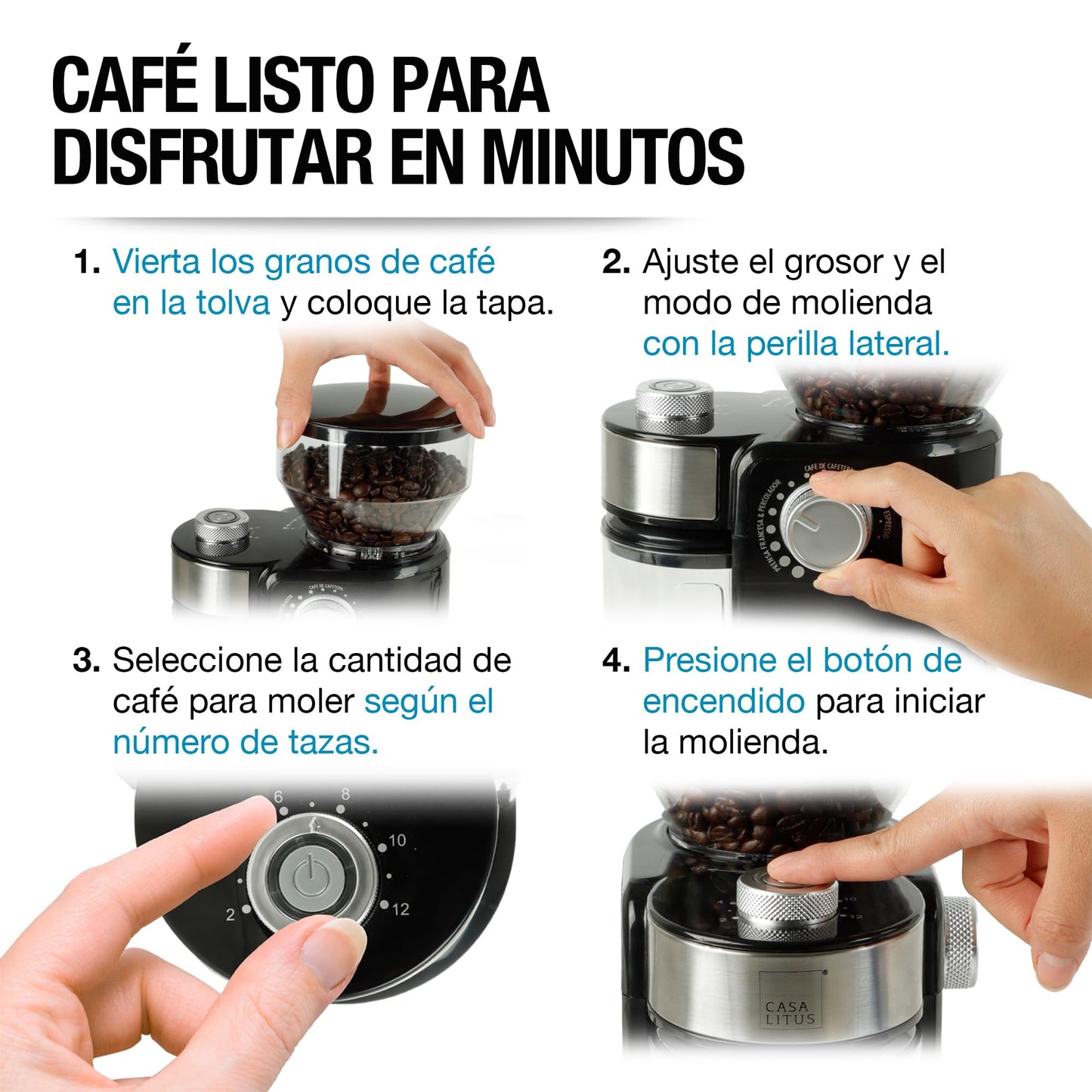 CASA LITUS Molino de Café Eléctrico Profesional 200gr, Moledor de Café en Grano 18 Niveles de Molienda: Espresso, Prensa Francesa, Cafetera, Cafetera Italiana (Moka), Cuchillas de Acero Inoxidable