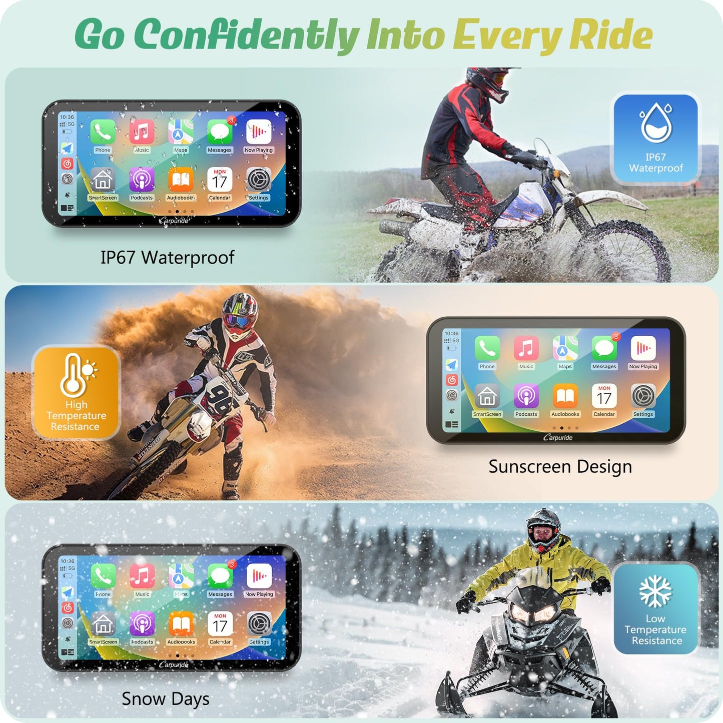 Carpuride W603D - visualización GPS Carplay para motocicleta, inalámbrica CarPlay y Android Auto para Moto, con cámaras duales HD 1080P, control remoto, visualización táctil impermeable de 6.3
