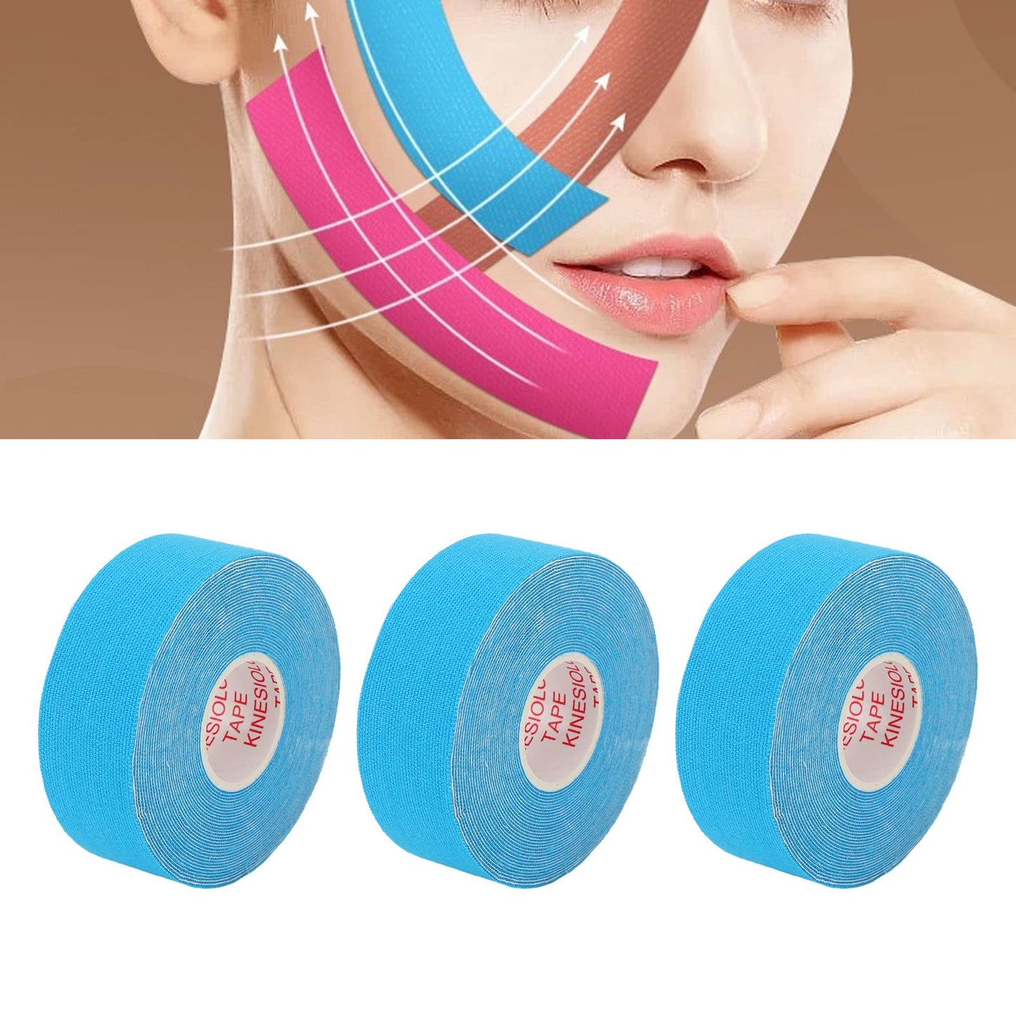 Rollo de Cinta para la Cara,ANGGREK 3 Rollos de Cinta para la Cara Tira para Eliminar Arrugas Faciales Cinta en Forma de V Fácil de Cortar Parche de Elevación en Forma de V para(Azul claro)