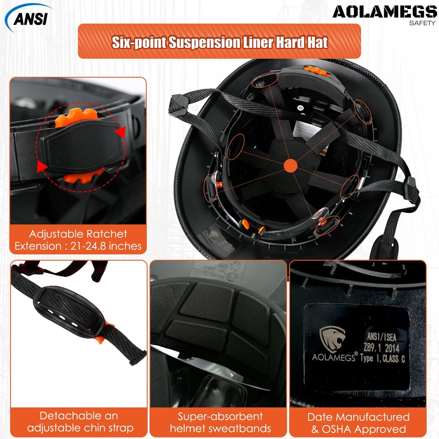 Cascos duros de borde completo con visera de construcción aprobados por OSHA - Cascos duros ventilados para hombres, Casco duro negro con correa para la barbilla, seguridad negro con visera tintada