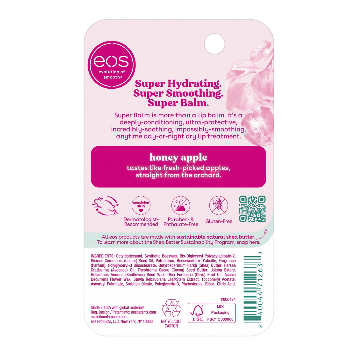 eos 24H Moisture Super Balm- Tratamiento labial de manzana miel, día o noche, hecho para pieles sensibles, 0.35 onzas líquidas