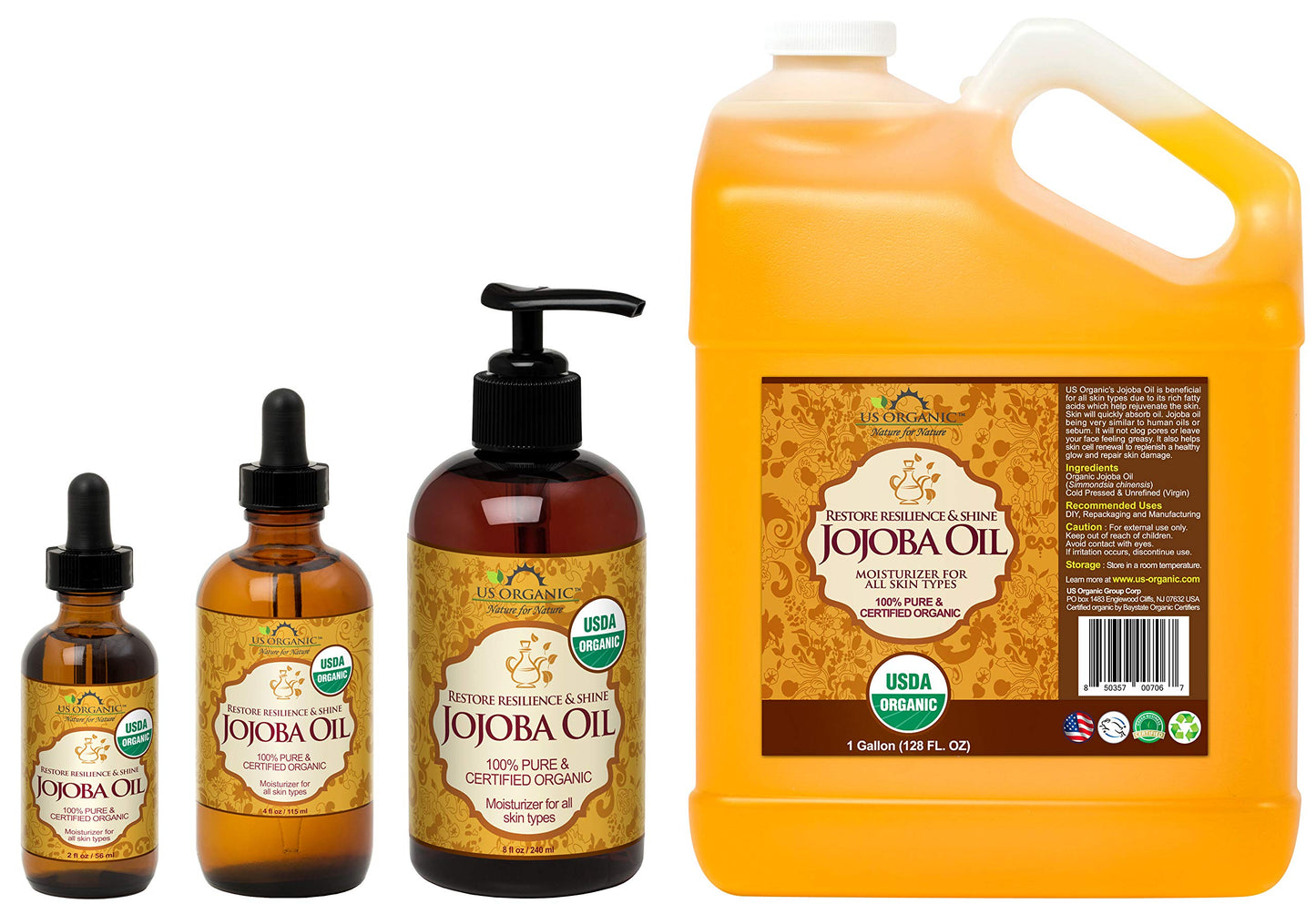 US Organic, Aceite de Jojoba, Certificado Orgánico por USDA, 100% Puro y Natural, Prensado en Frío, Virgen, Sin Refinar, Libre de Hexano, Botella de Vidrio Ámbar (56 ml)