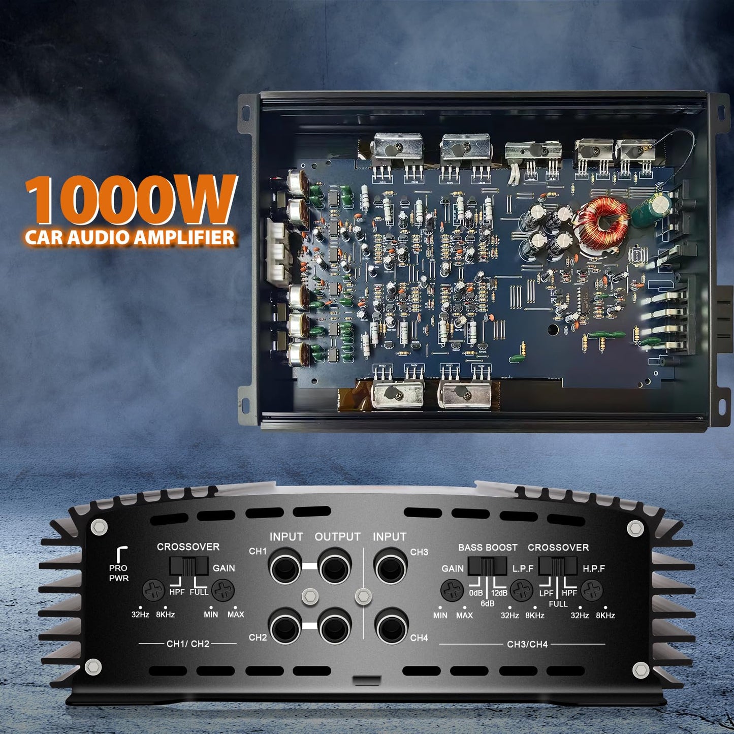AUDISHAKO 1000W Amplificador de Audio de 4 Canales,Amplificador para Auto de Clase A/B, 2 Ohm 130W x 4 Canales para Motocicletas, Coches Deportivos y Otros Sistemas de Audio para Coche