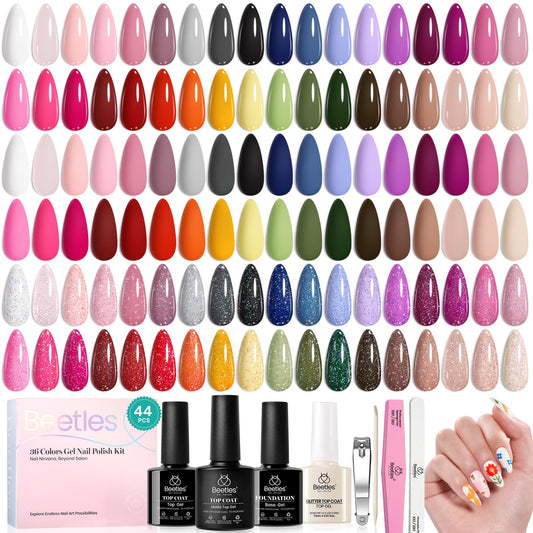 Escarabajos Esmalte en Gel 44 PCS Esmalte en Gel Set - 36 Colores Esmalte en Gel Set Capa Base Brillante Mate y Brillante Capa Superior Colección Muse Colorida Regalos para Mujeres Verano