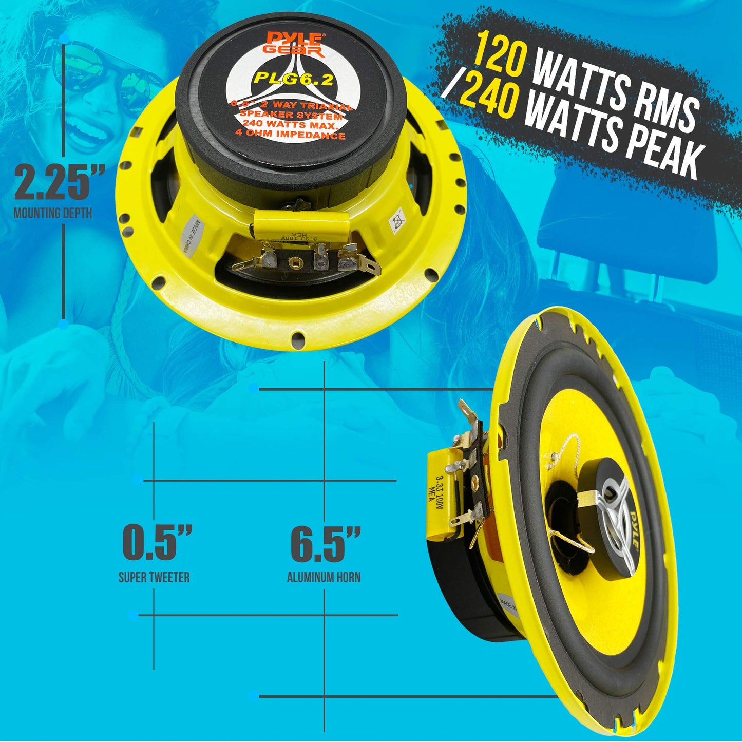 Pyle Sistema de Altavoces de Dos Vías para Auto, 6.5" 240W, 4 Ohm, Medio y Tweeter, Imán de 30 Oz, Profundidad de Montaje 2.25", Para Estéreo de Auto, Par, Amarillo