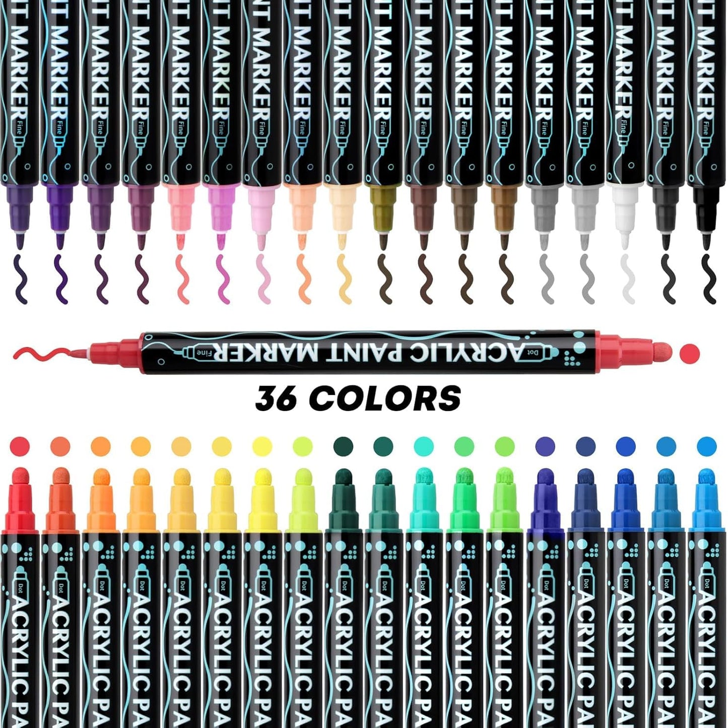 ADGIJNNOUW 36 Colores Plumones Acrilicos Doble Punta, Rotuladores Acrilicos, Resistente al Agua, Seguro, Acrylic Markers para Piedras, Cristal, Madera, Cerámica, Plastico, Huevos de Pascua