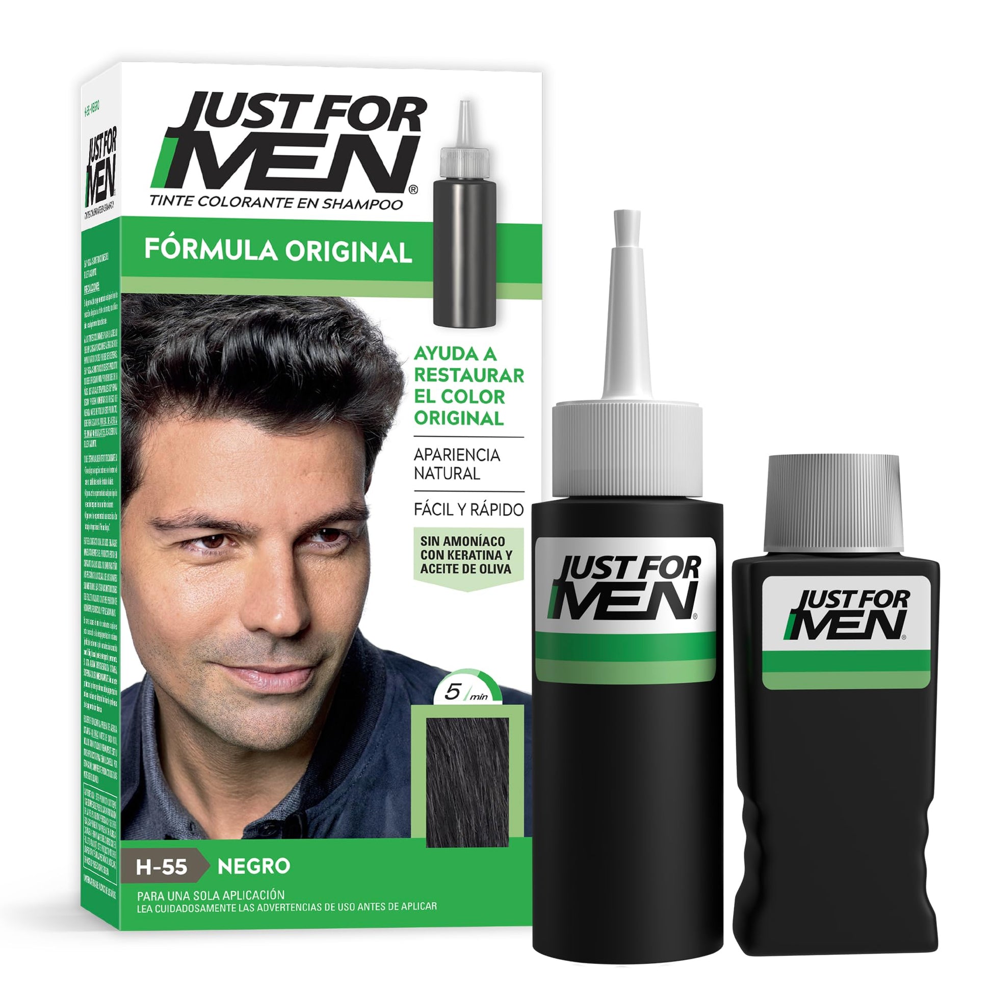 Just For Men, Tinte Colorante En Shampoo, Negro H55, Opción Ideal Para Cubrir 100% de Las Canas, 66ml