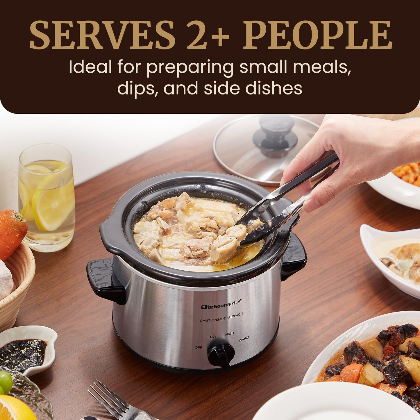 Elite Gourmet - Olla de cocción lenta eléctrica MST-250XS, temperatura ajustable, platos principales, salsas, guisos y salsas, tapa de vidrio para lavavajillas y olla de cerámica, capacidad de 1.5 cuartos de galón, acero inoxidable