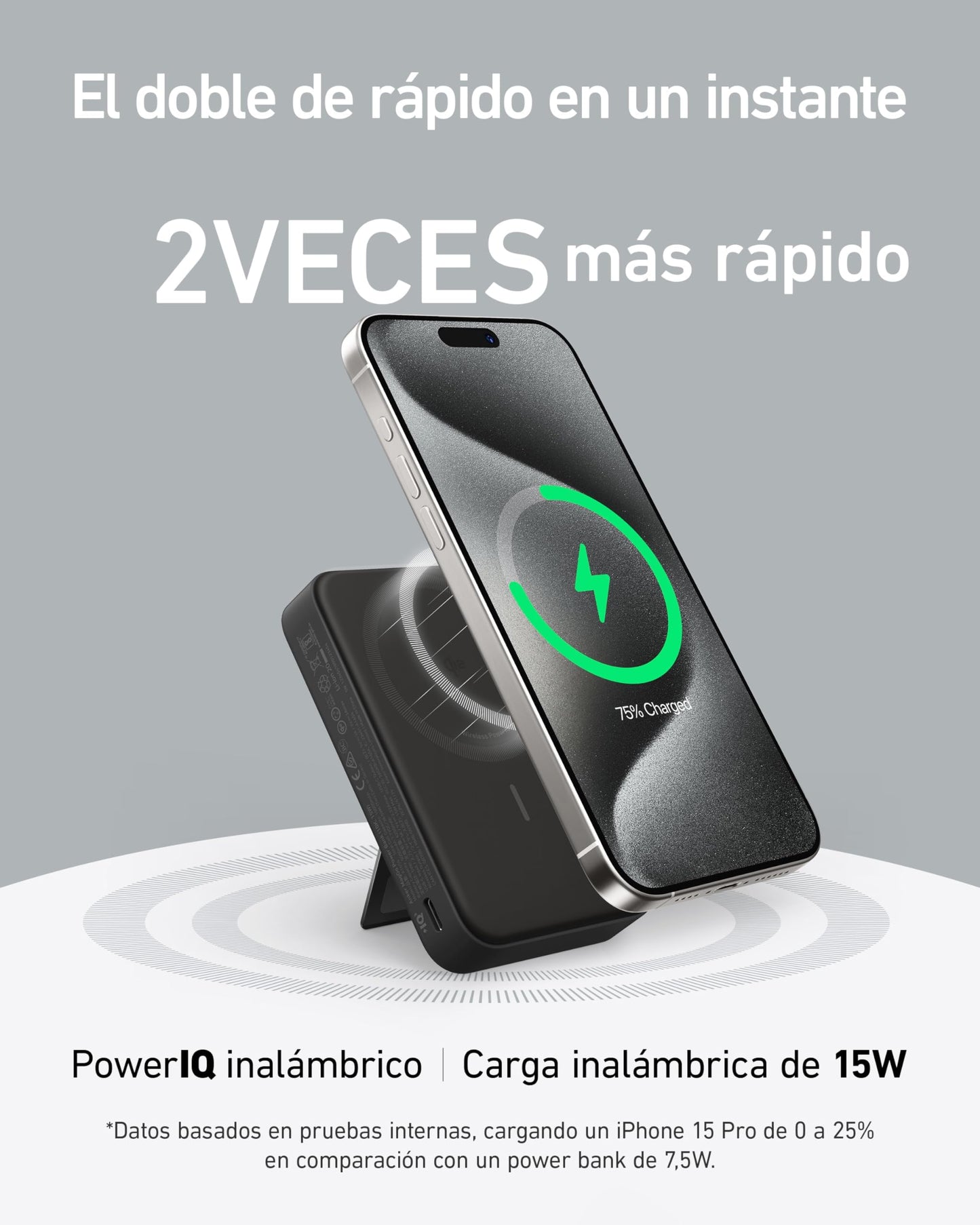 Anker MagGo Power Bank de 10,000 mAh con Pantalla Inteligente y Soporte Plegable, Carga Ultra Rápida de 15W con Certificación Qi2 Compatible con MagSafe, Solo para iPhone 16/15 (Incluye Cable USB C)
