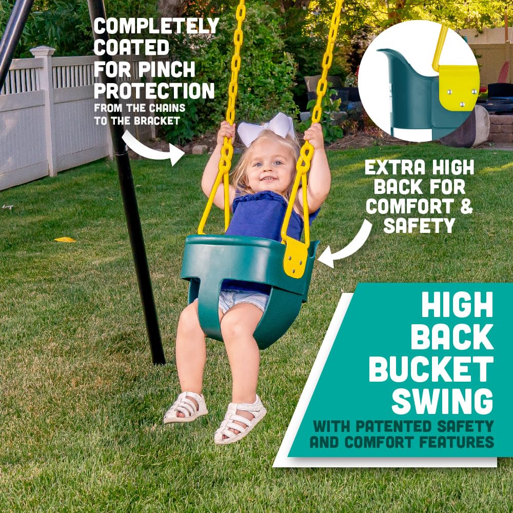 Asiento Oscilante de Alta Calidad con Respaldo Alto para Niños Pequeños Verde con Cadenas Revestidas de Plástico y Mosquetones para Fácil Instalación