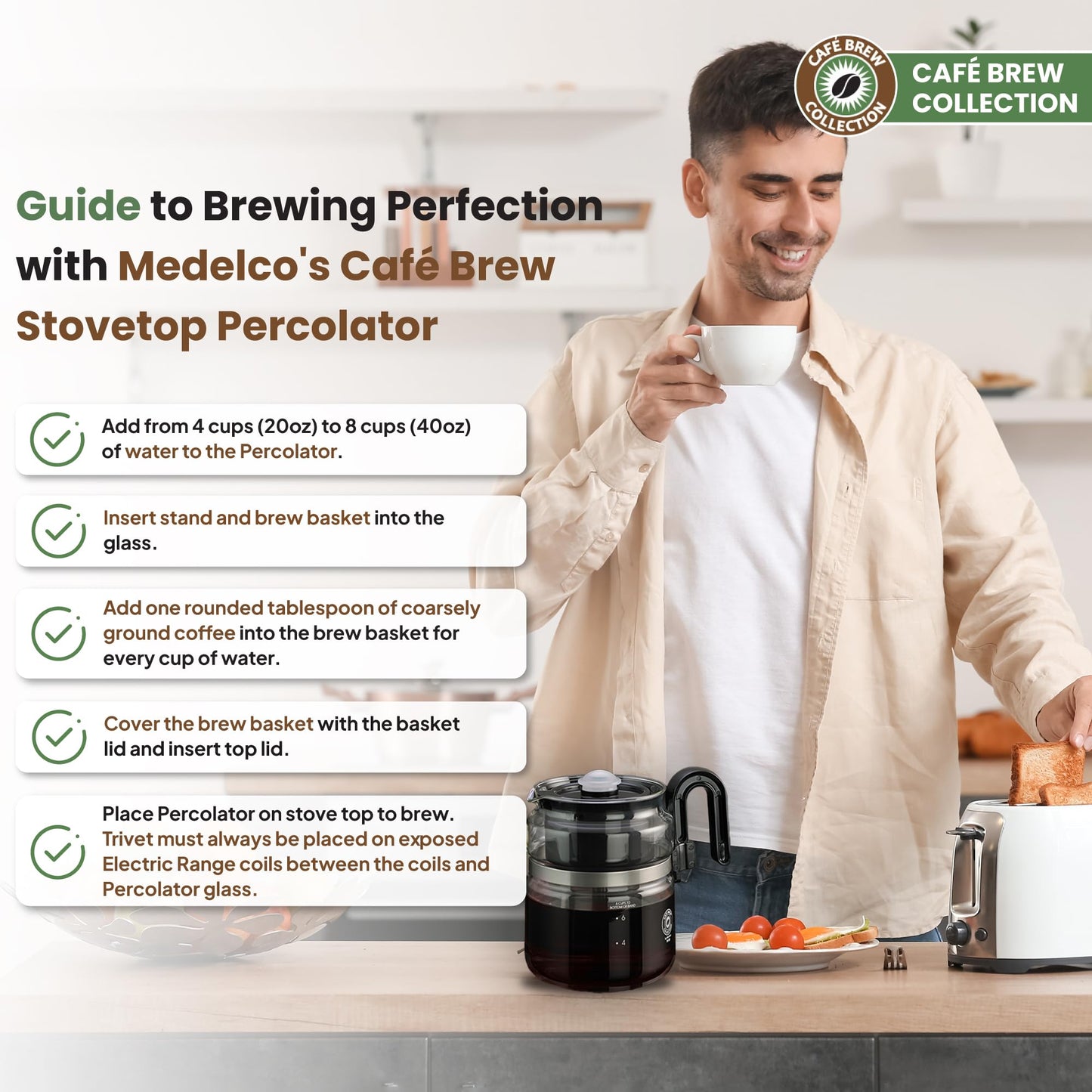 Café Brew Collection - Cafetera de vidrio de 8 tazas - Percolador de café de vidrio borosilicato, sin BPA, apto para lavaplatos, preparación en rangos eléctricos y de gas