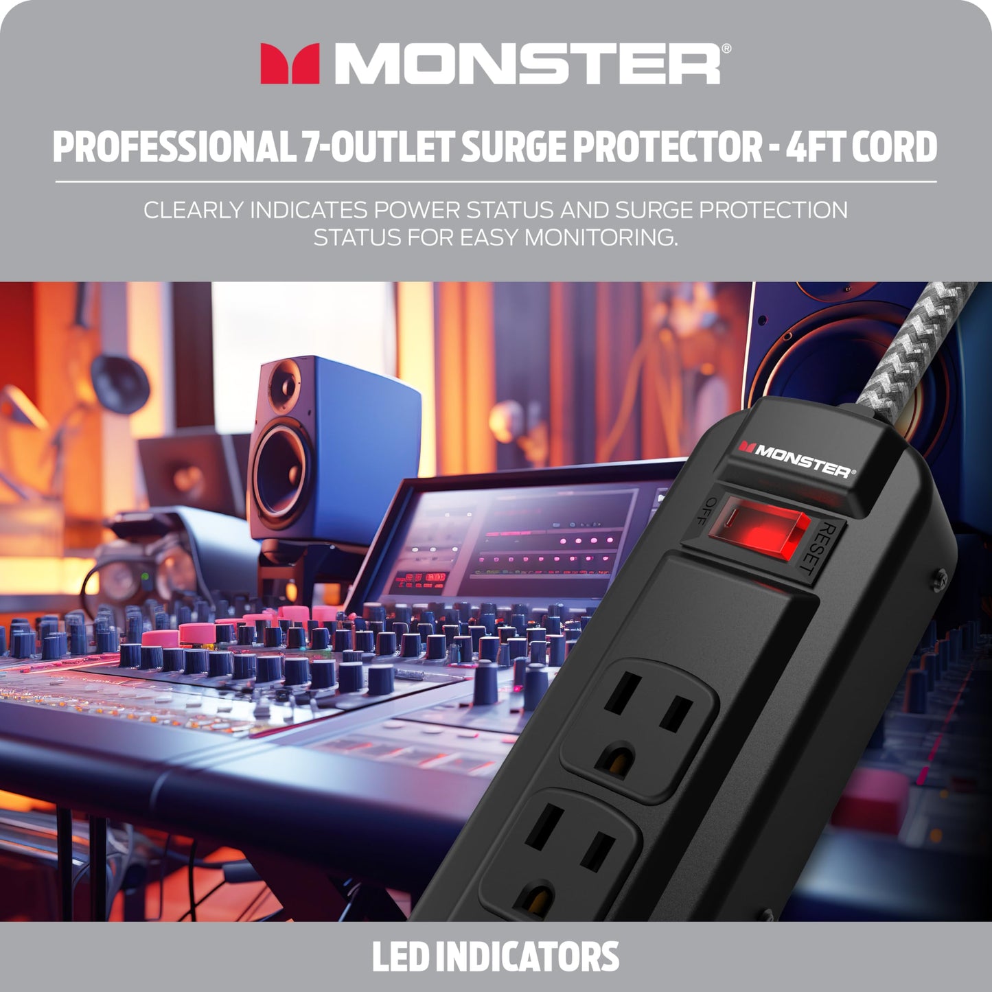 Tira de Alimentación Monster Pro MI Negra con Protección contra Sobretensiones Ignífuga para Equipo de Audio Profesional