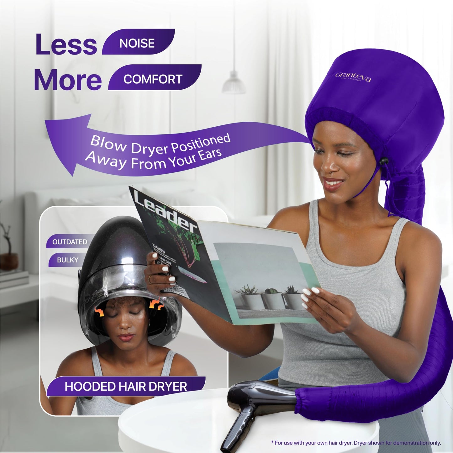 Capó secador de pelo – Gorro secador de pelo suave para el hogar – Kit de secador de pelo con diadema integrada, acelera el tiempo de secado en casa, se utiliza para acondicionamiento profundo, estilo portátil (morado)