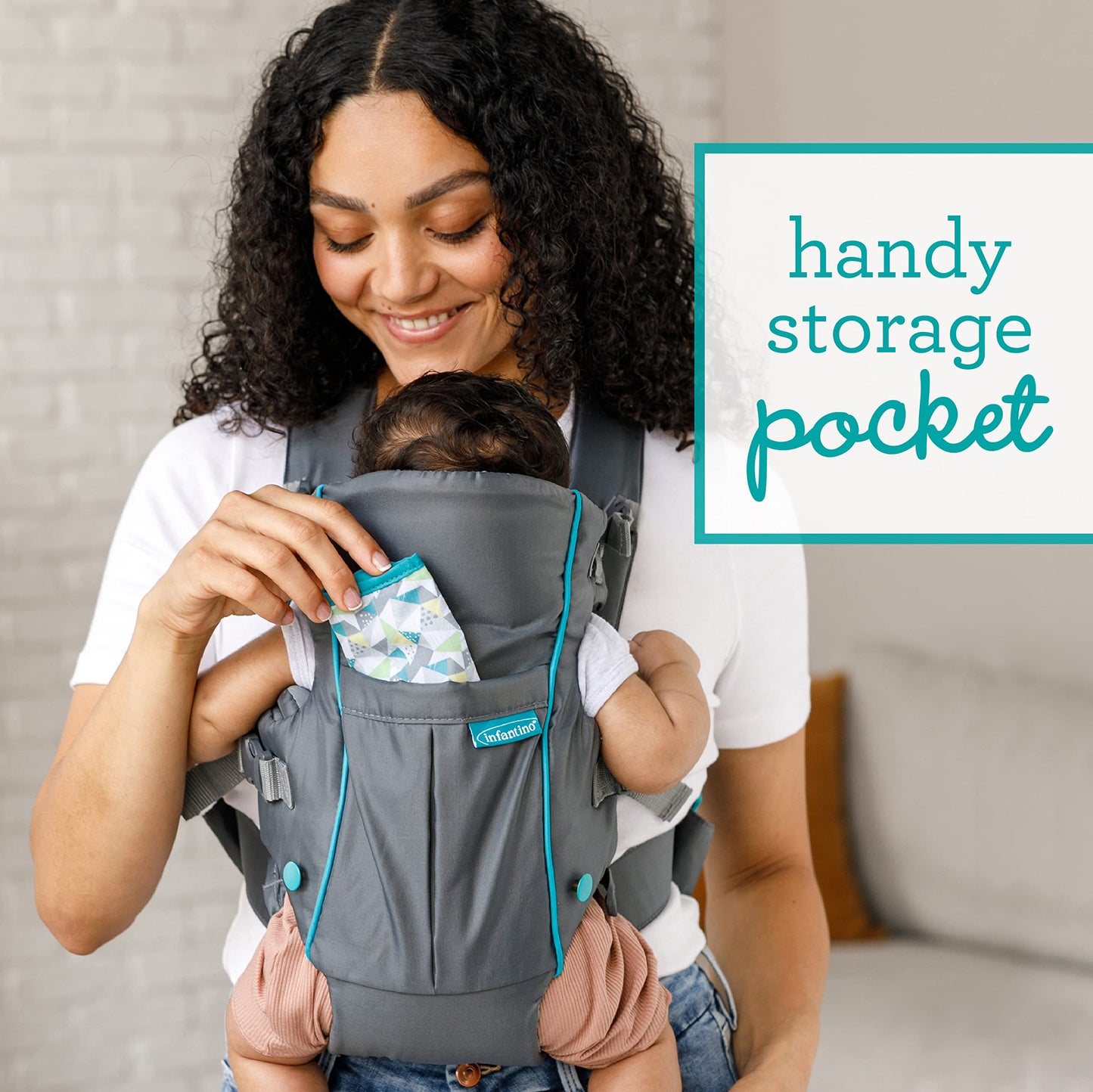 Infantino Swift - Portabebés clásico con bolsillo, 2 maneras de llevar gris con babero Wonder y bolsillo frontal de almacenamiento esencial, correa trasera ajustable, cara interior y exterior, material fácil de limpiar