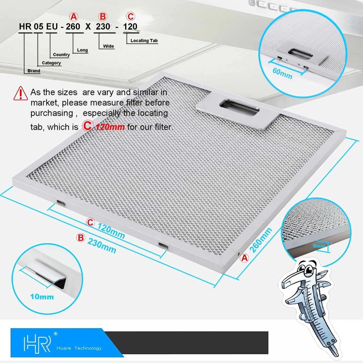 Filtro de campana de repuesto actualizado de 9 x 10.25 pulgadas (230 x 260 mm) 4 capas S97018029 filtro de rejilla de aluminio, filtro de grasa HR Huare Technology, compatible con Broan B5 Series,
